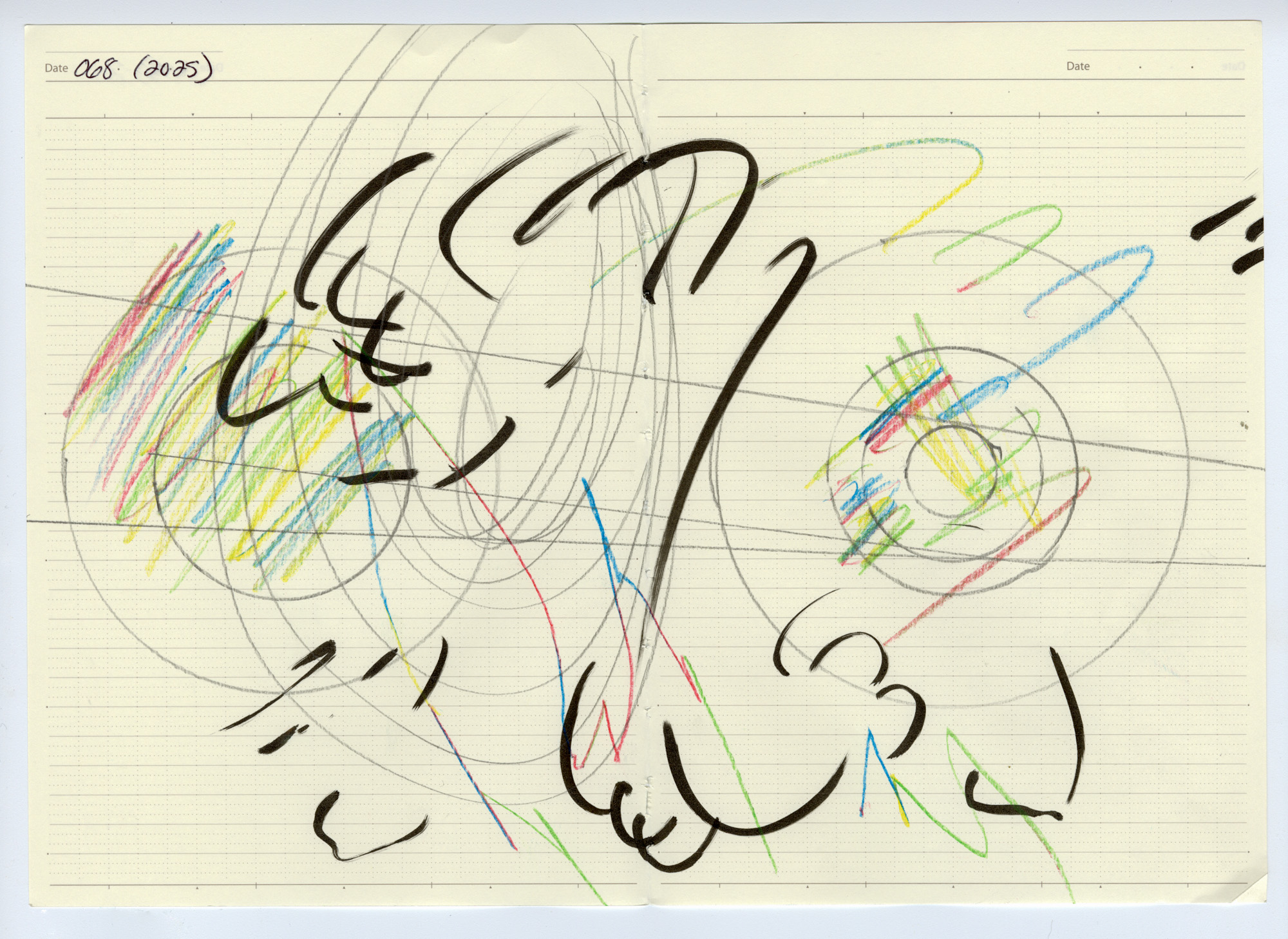 068. 2025. Graphite, colored pencil, and marker on ledger paper. 11.5" by 7.875"