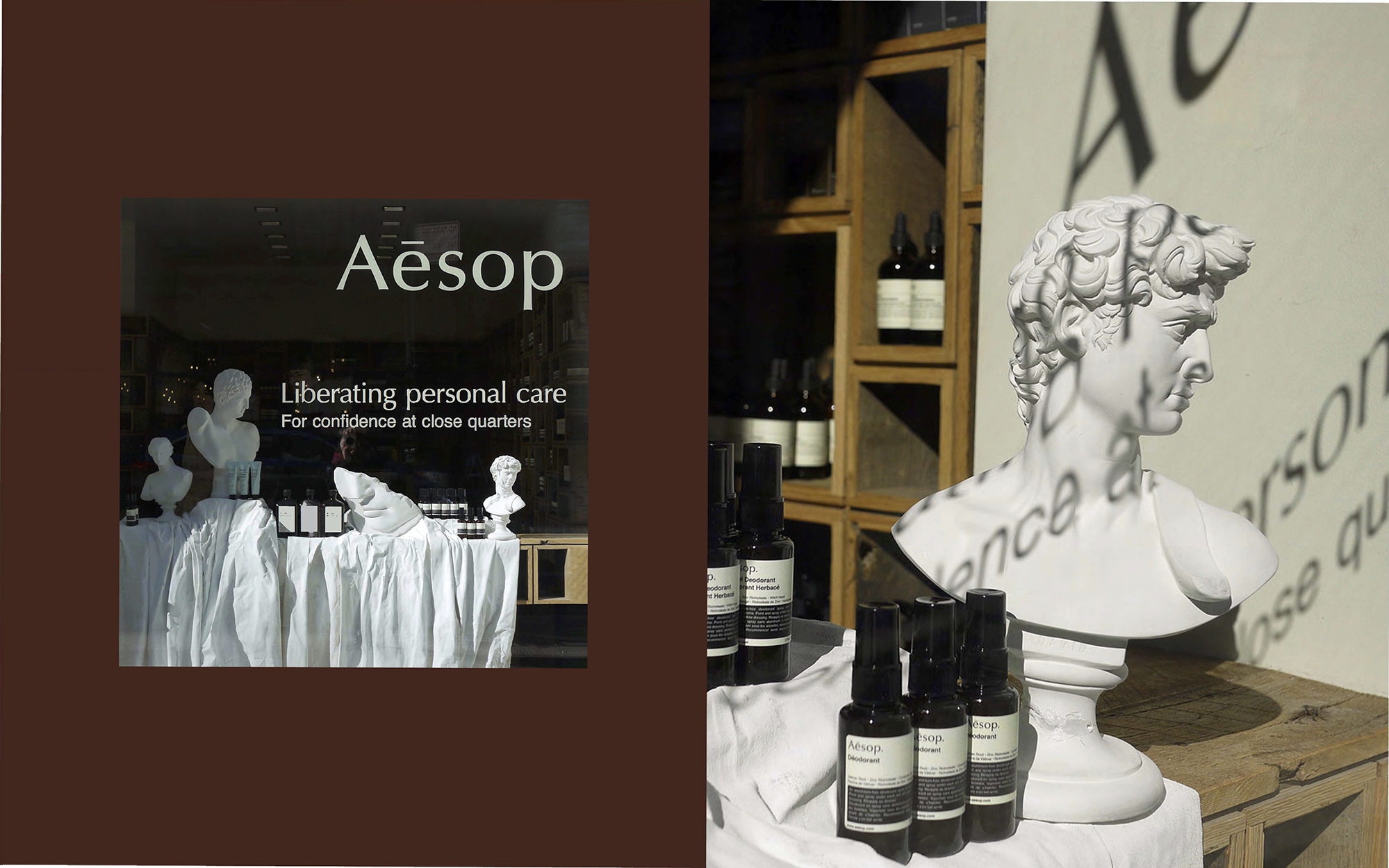 Window merchandising for the campaign showing a vinyl of the headline: Liberating personal care, accompanied by ceramic busts and Aesop bottles.
