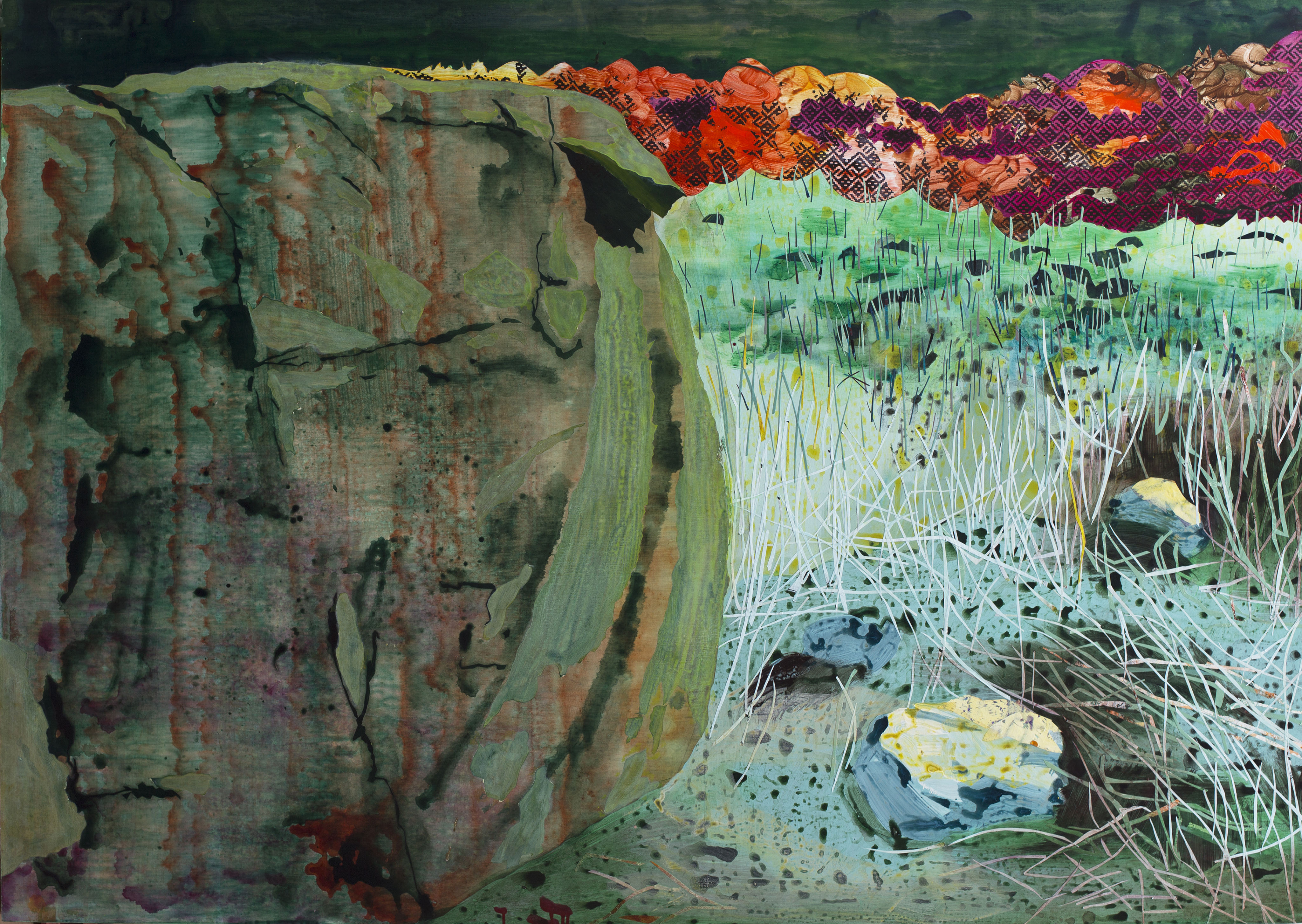  Ahuacatl, Acrylic, paper and screen print on panel, 65"x46," 2014