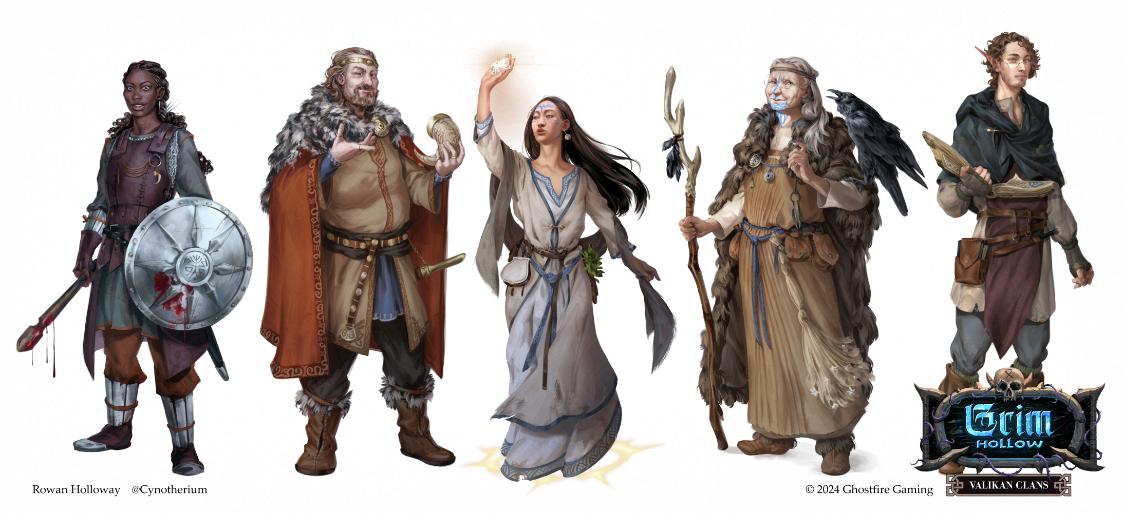 Character art for 'Grim Hollow: Valikan Clans', Ghostfire Gaming 2024. AD: Matt DeMino