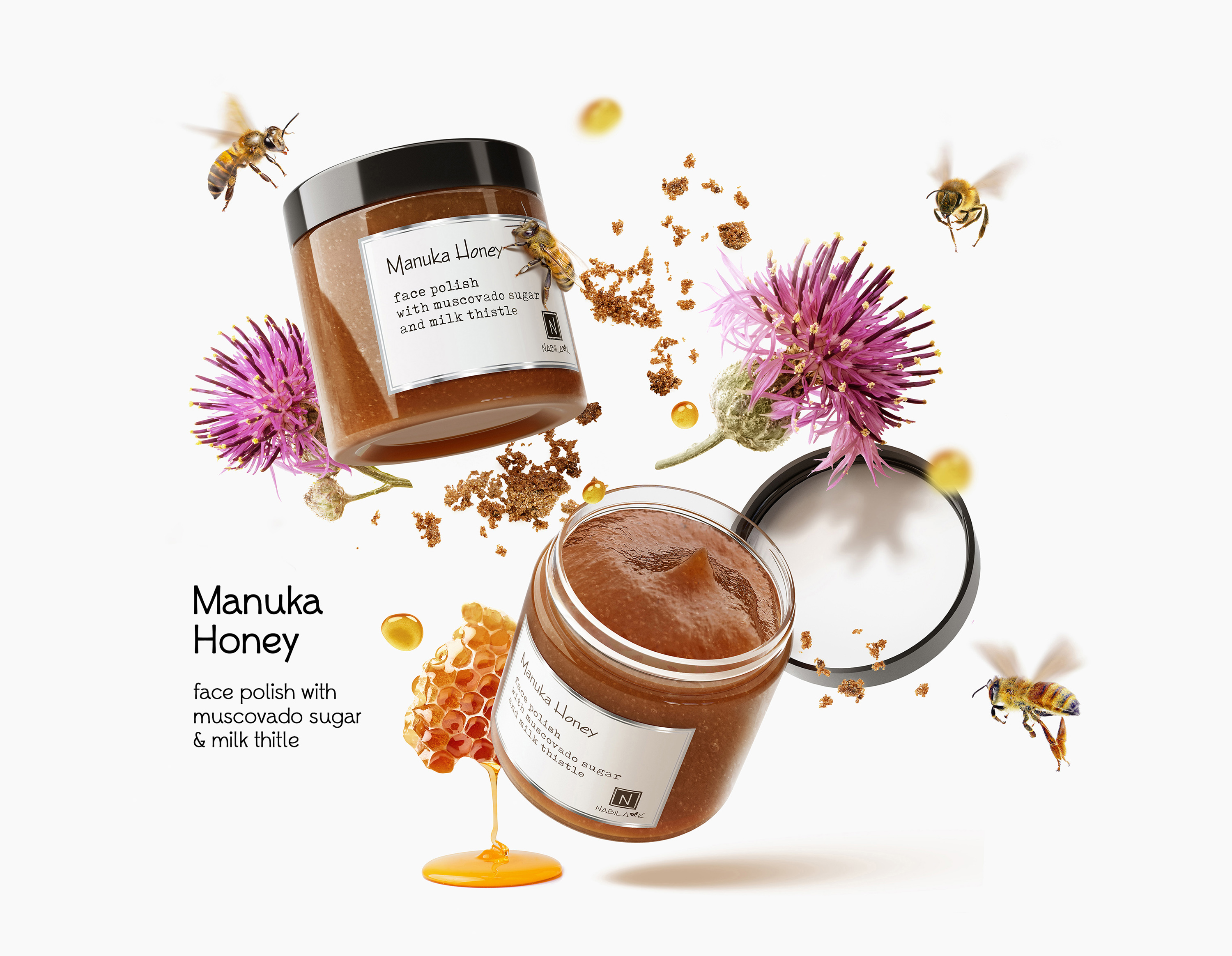Social media campaign for the manuka beauty products. Cosmetic product photography. Makeup product styling. Created by Eclectic M Studio.