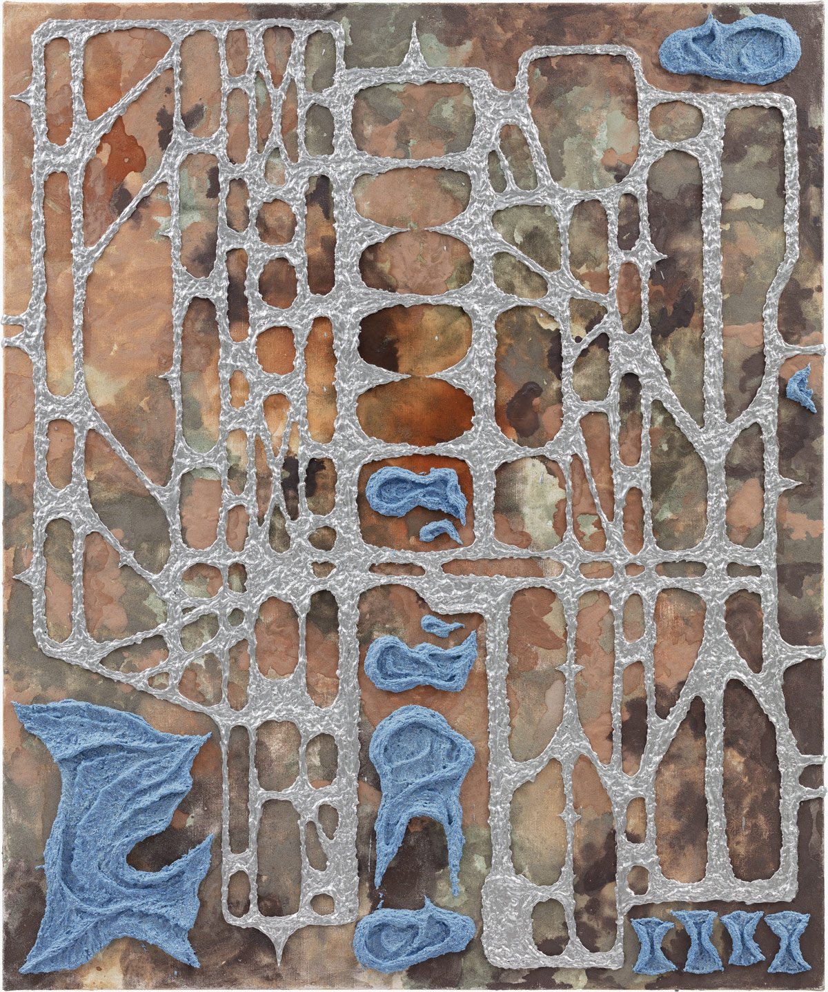 Motherboard, 2025, acrylic, aluminium powder, marble powder, pigment on linen, 120x100x5cm