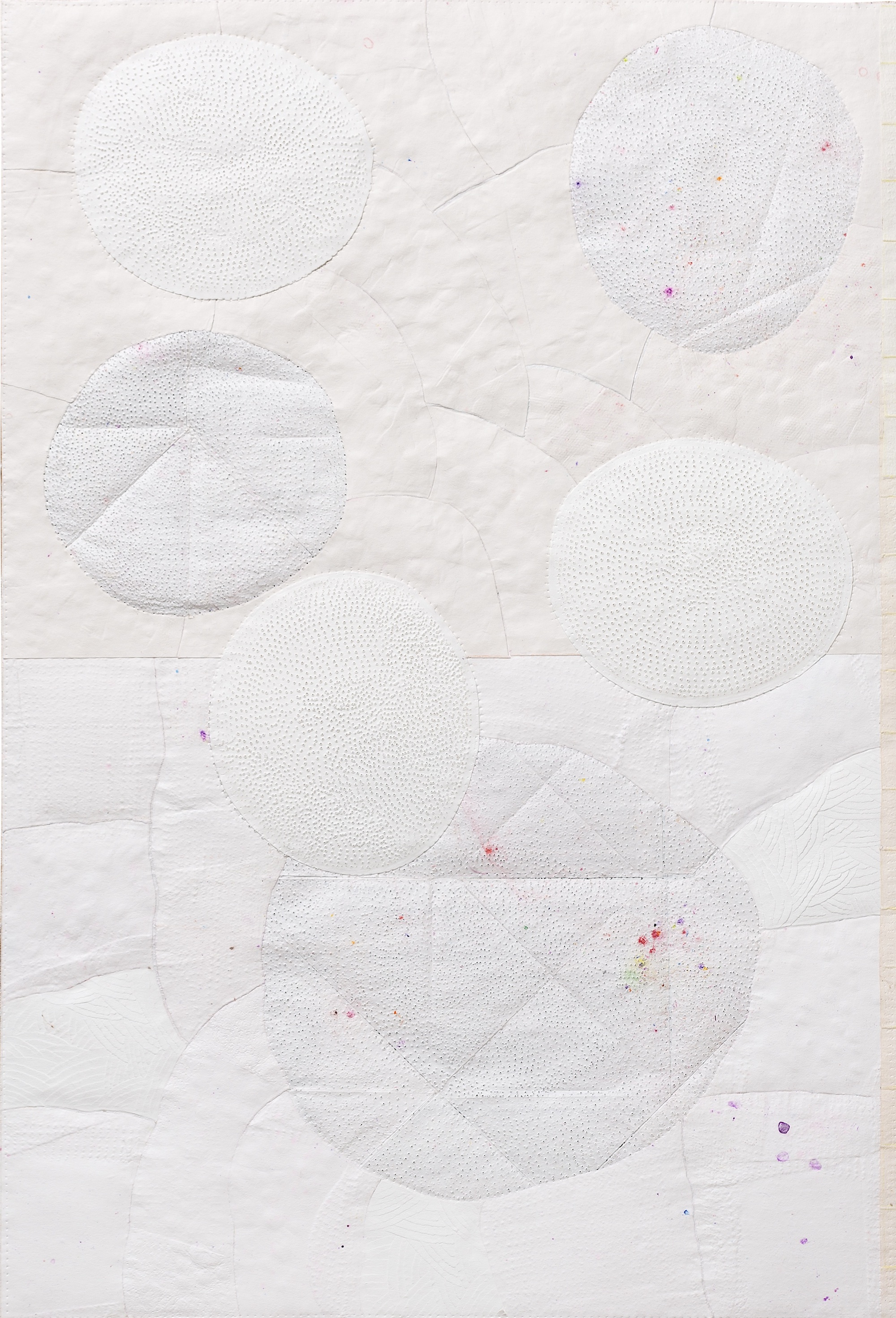  White Blur, 2017 . Gouache, color pencil and perforation on fragments of paper mounted on medicine information leaflets . 42 x 27 cm
