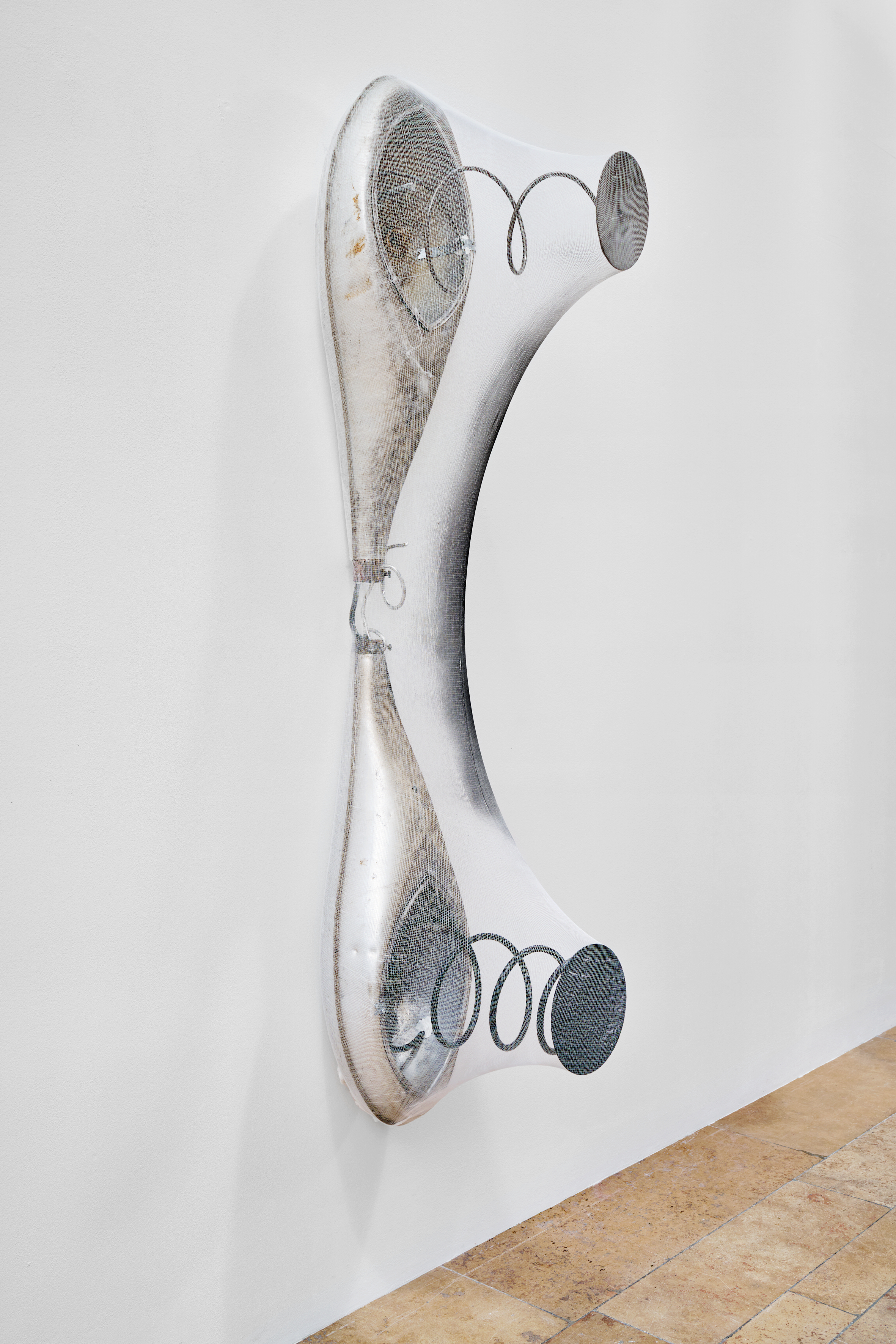 Interlude, 2025 Street lamps, steel coils, stockinette fabric and spray paint 200 x 36 x 61 cm 78.7 x 14.2 x 24 inches