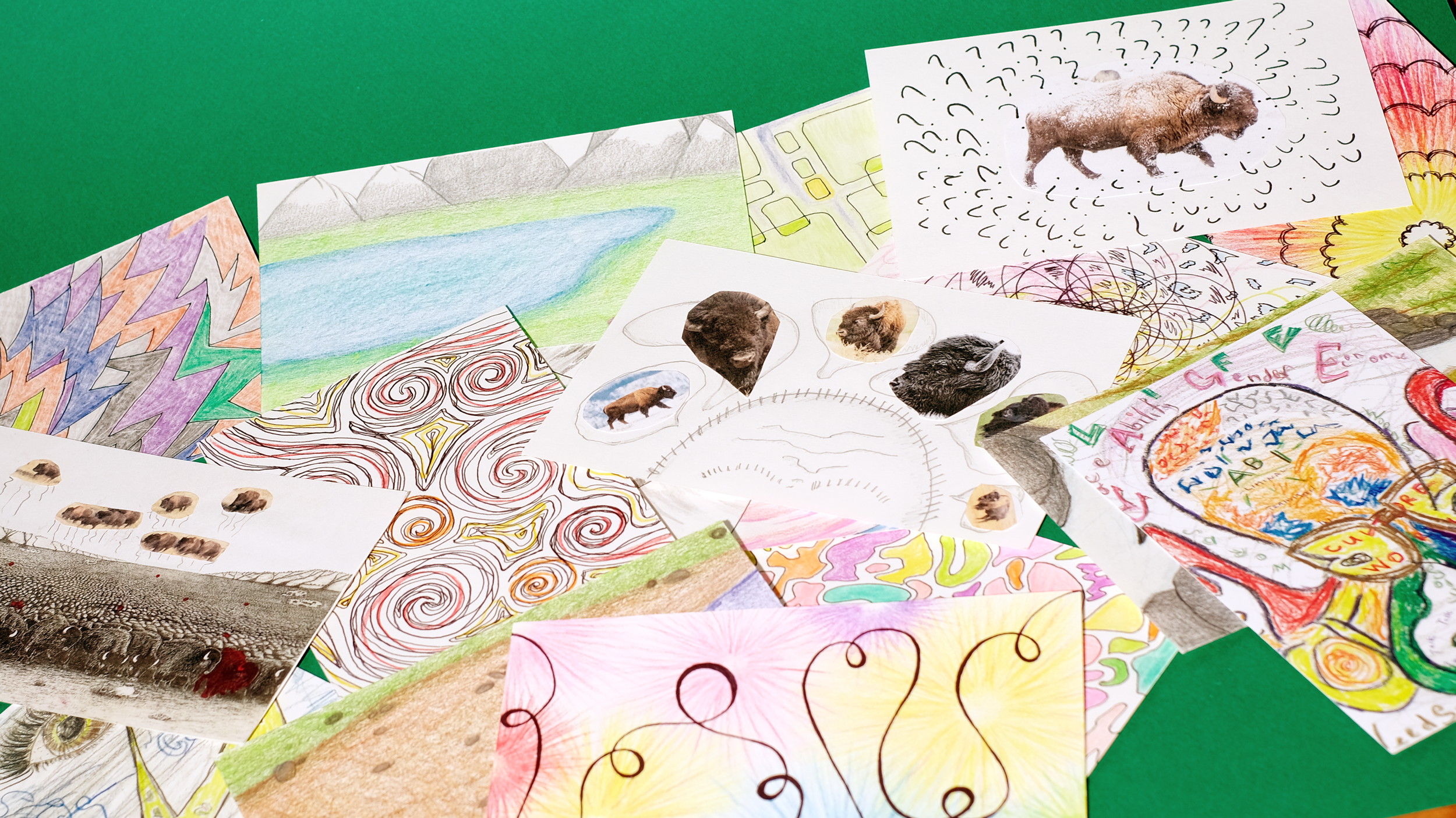 A photo of a bunch of handdrawn postcards on a green backdrop. The artwork is done by different artists and consists of pencil crayon drawings and collages.