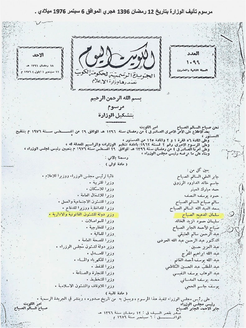 Decree appointing Salman Duaij Al Sabah Minister of State for Legal and Administrative Affairs, 1976