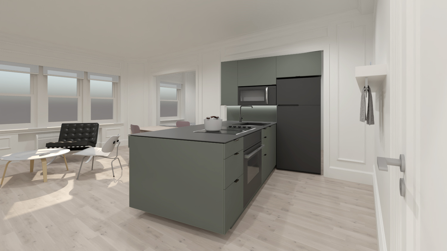 The kitchen as a contemporary solitaire in the historic context. One of the nature inspired color schemes. Green slate