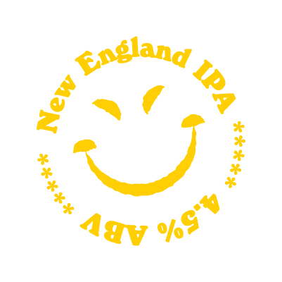 Yellow smiley face encircled by text reading 'New England IPA, 4.5% ABV'