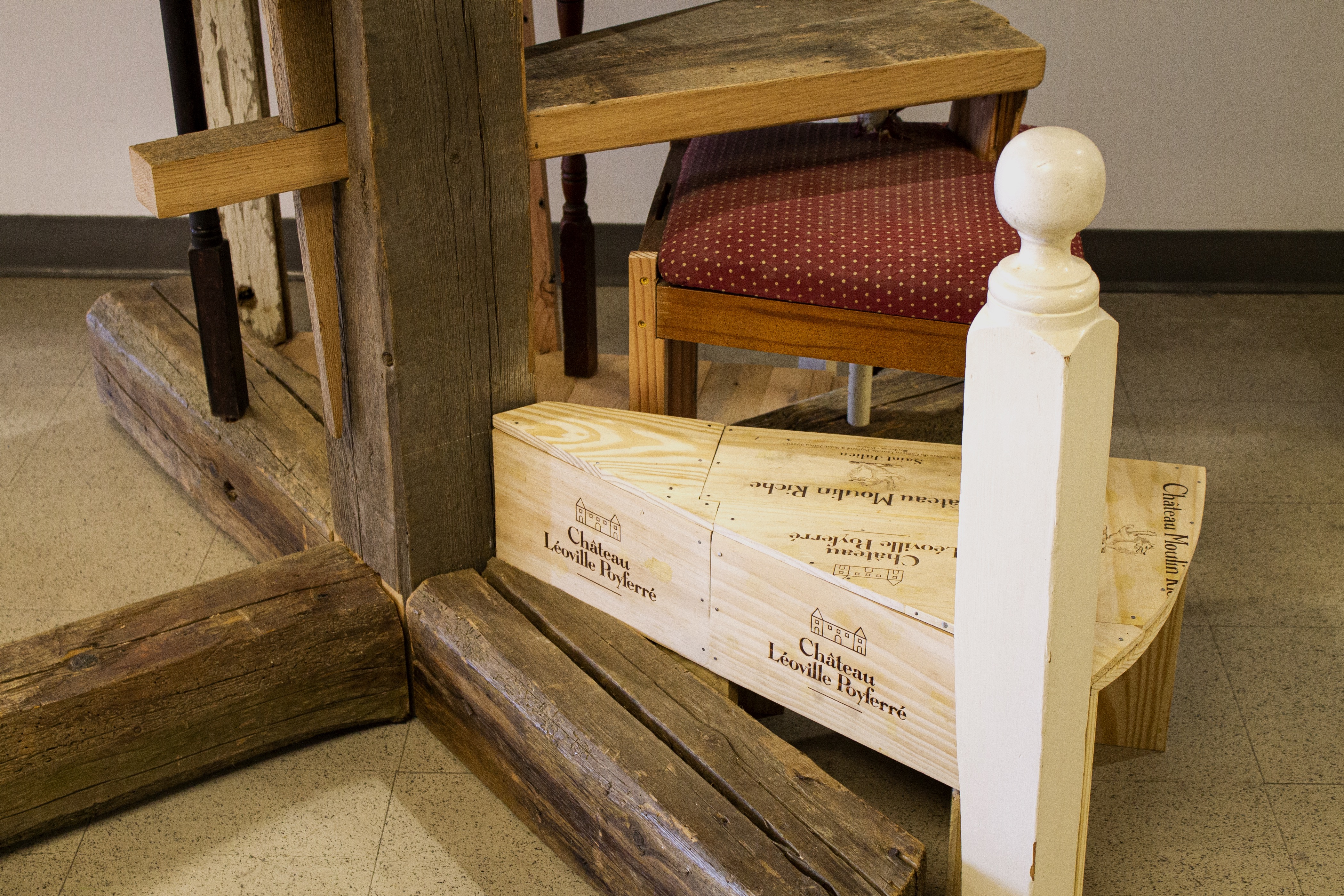 Spiral StaircaseSalvaged pine, oak, douglas fir, walnut, poplar, rope, metal brackets, screws, architectural elements, found objects 5&rsquo;5&rdquo;x5&rsquo;5&rdquo;x111&rdquo; 2023