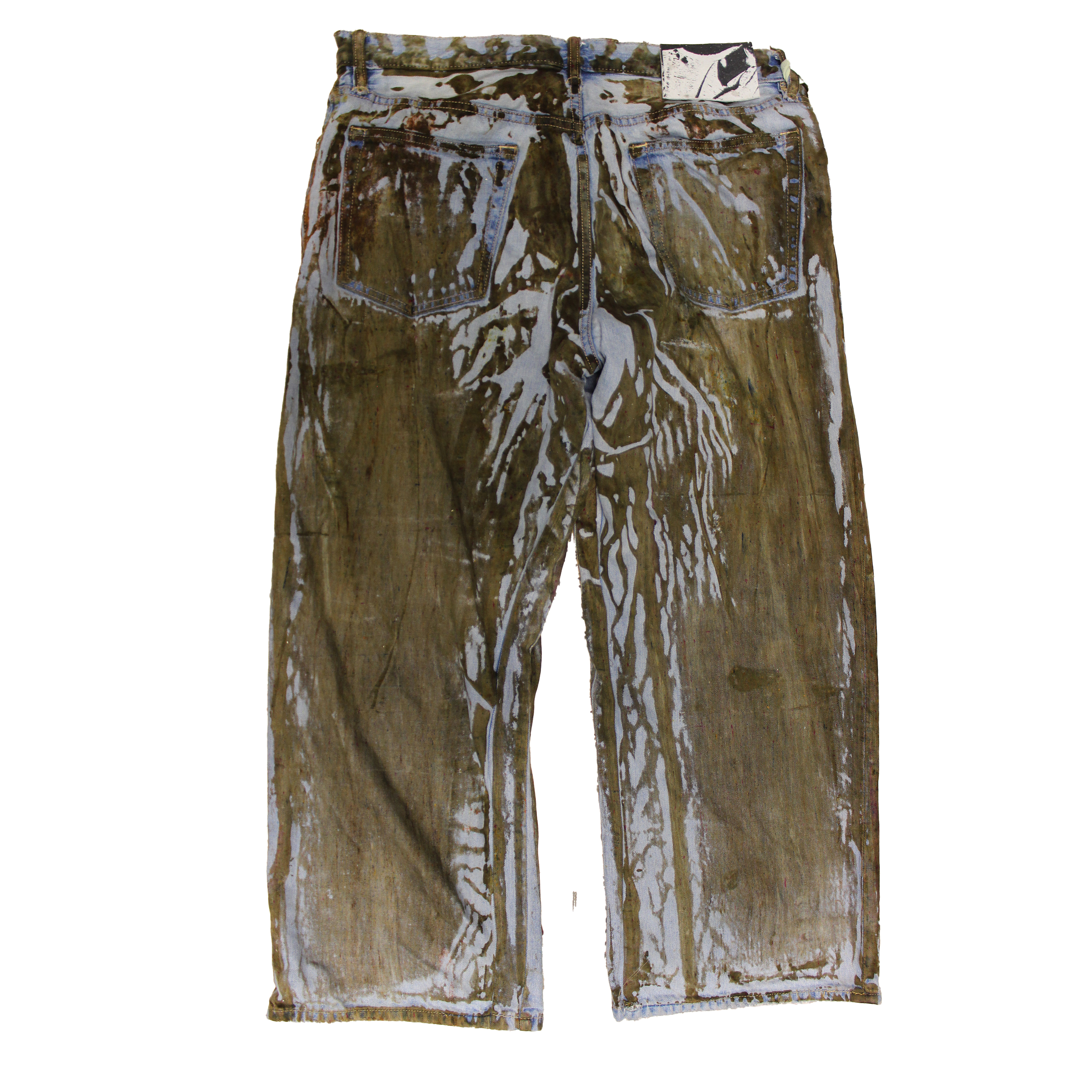 reclaimed vintage surplus denim screen printed with textile dye & various metals. tailored for straight/wide fit. fitted with custom keychain, scrap chain, and leather patches