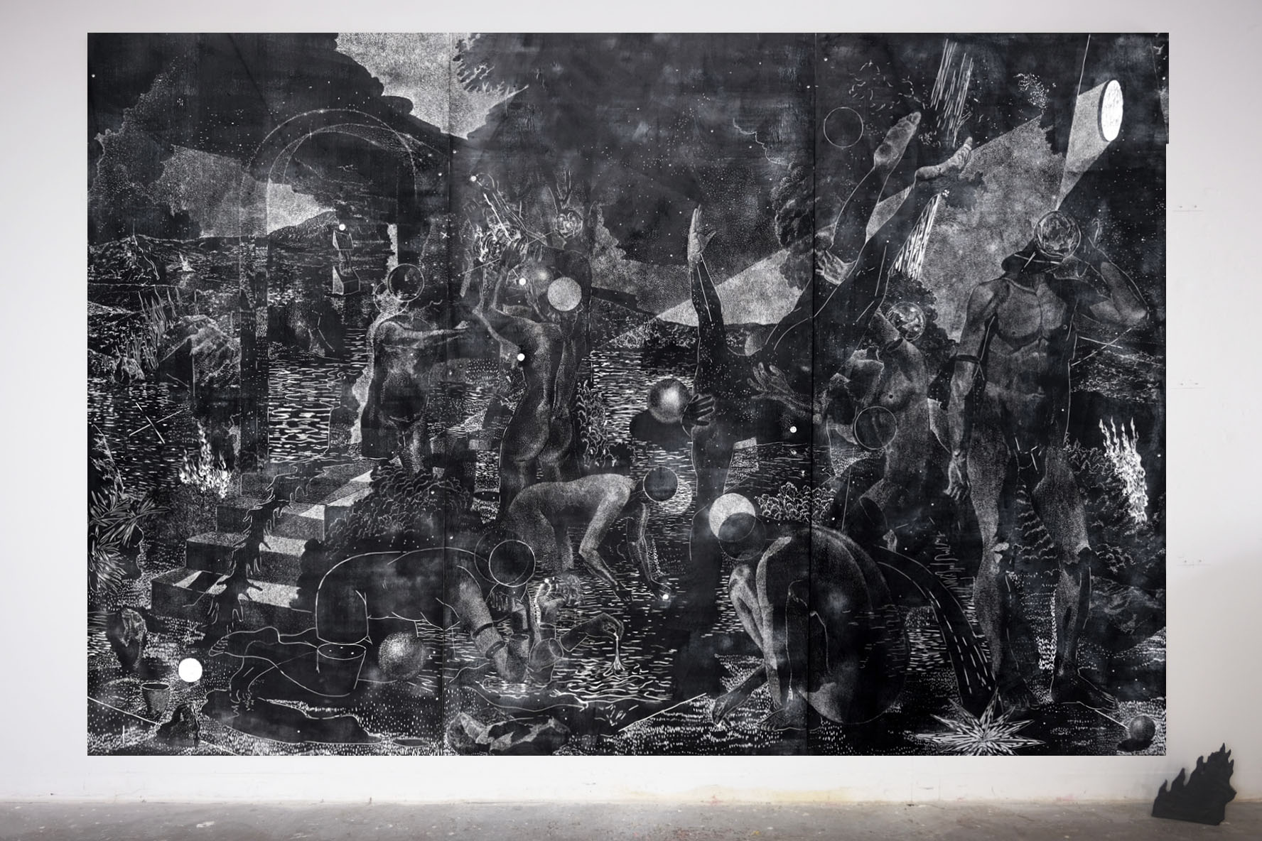 Procedures to Ease the Fall. 96 x 144 in Woodcut matrix. 2023