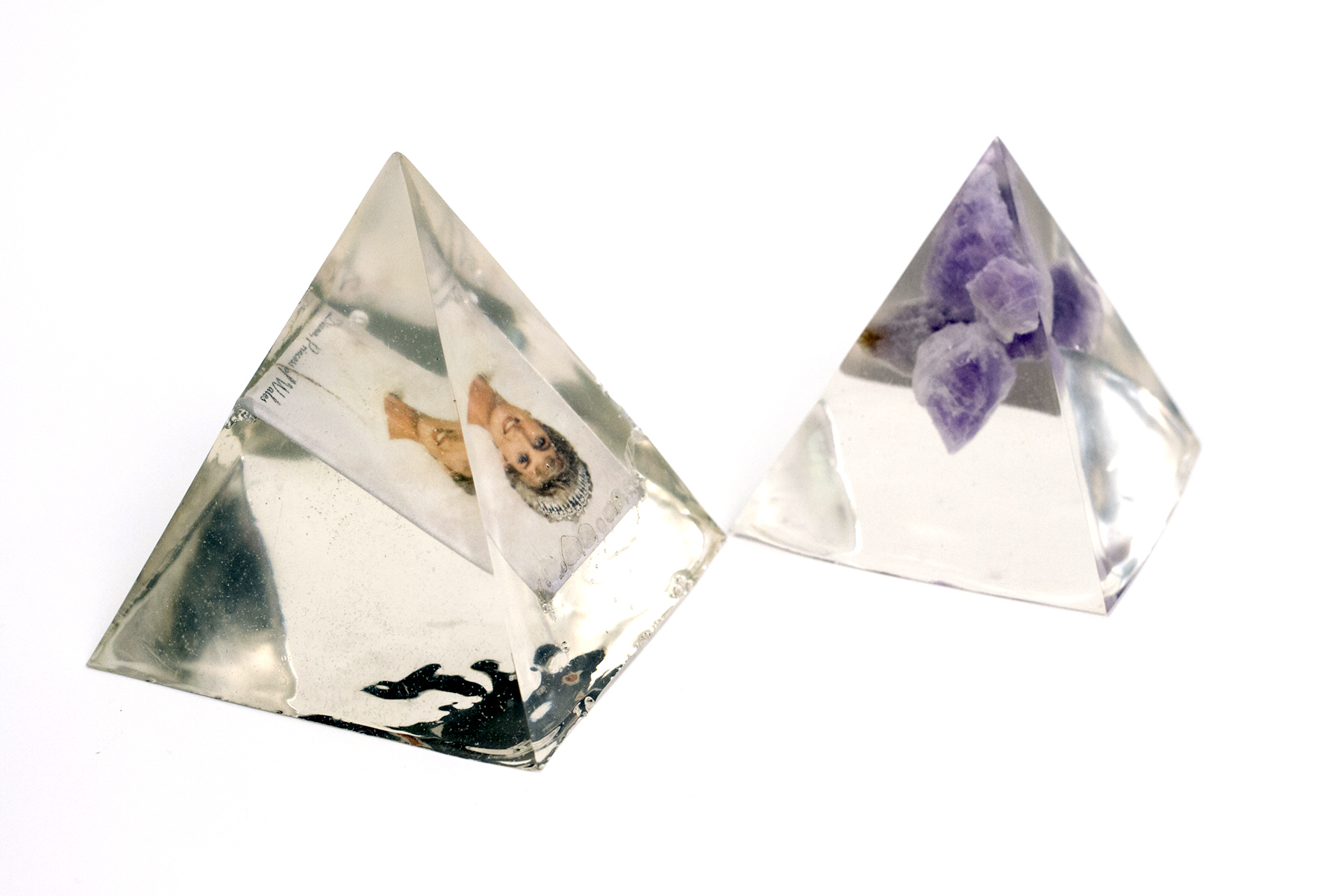 Diana, Princess of Wales and Me, 2018, 4.5"x4.5"x4.5". Commemorative magnet, amethyst, epoxy resin