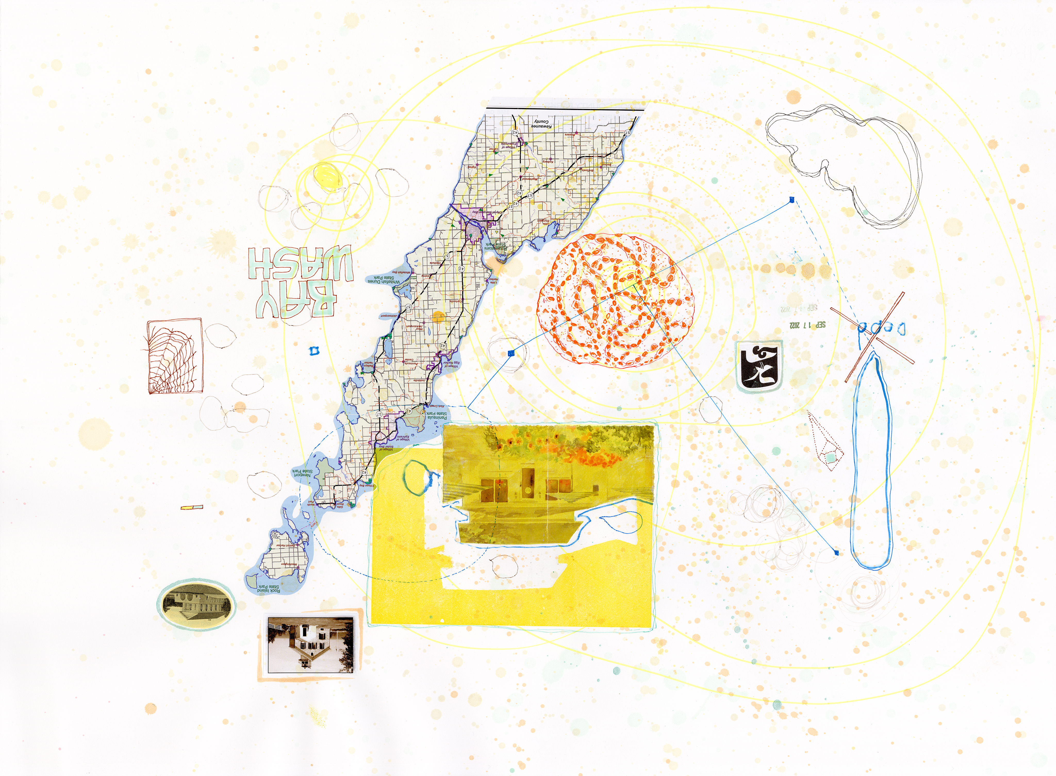 Drawing 35/56 from 56 days at the Dome House 22.5 x 30 inches, ink, Chine-collé, etching and stamps on Arches 88 paper - BUY