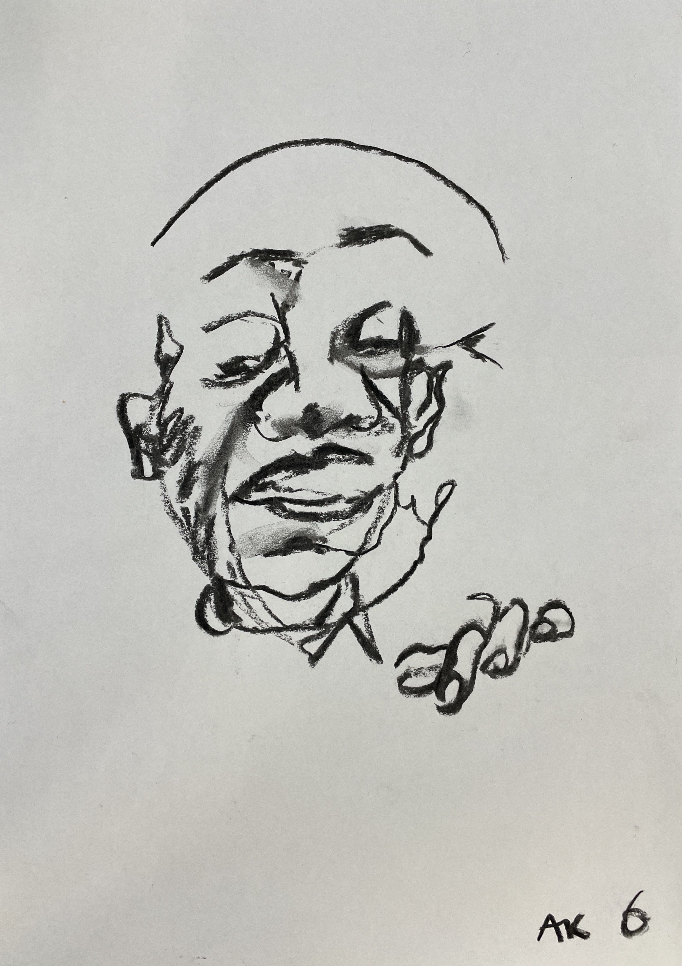 An abstracted charcoal line drawing of a man, with an indication of his fingers in front of him.