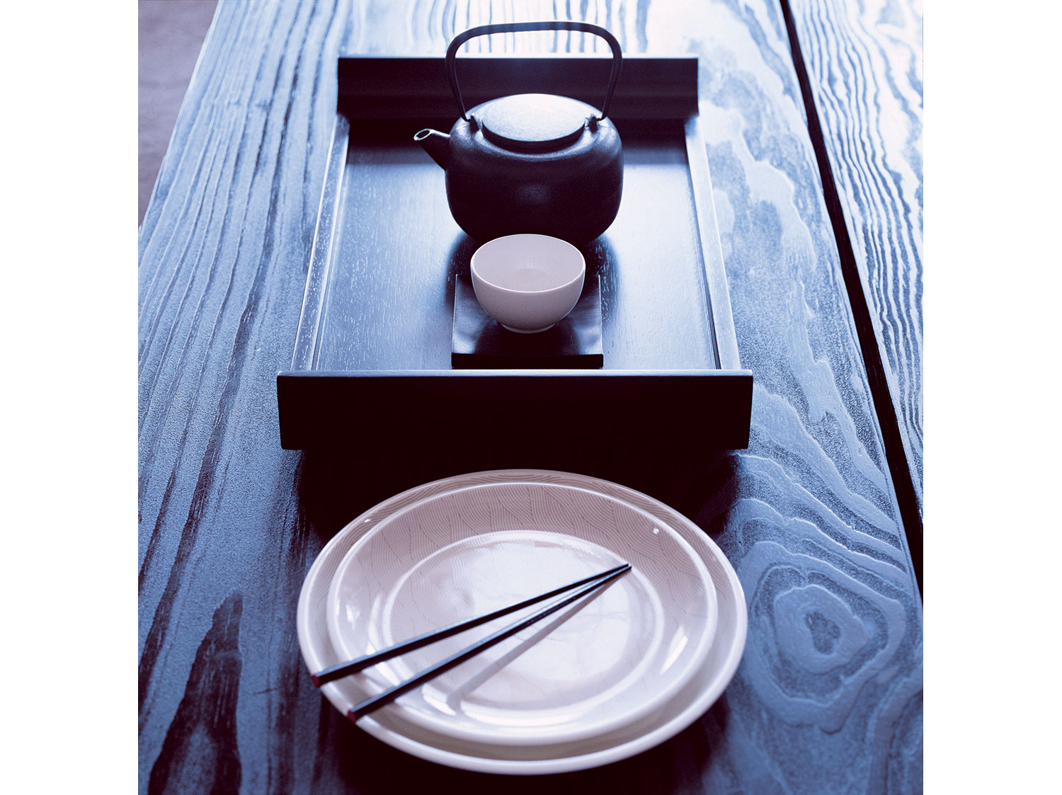 Waves plates, cast iron teapot, ceramic tea bowl, wooden saucer and tray