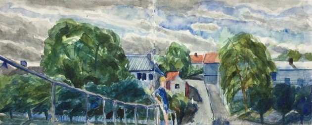 Asgardstrand, bruggetje en boom van Edvard Munch 1992 - watercolor 22x53 cm