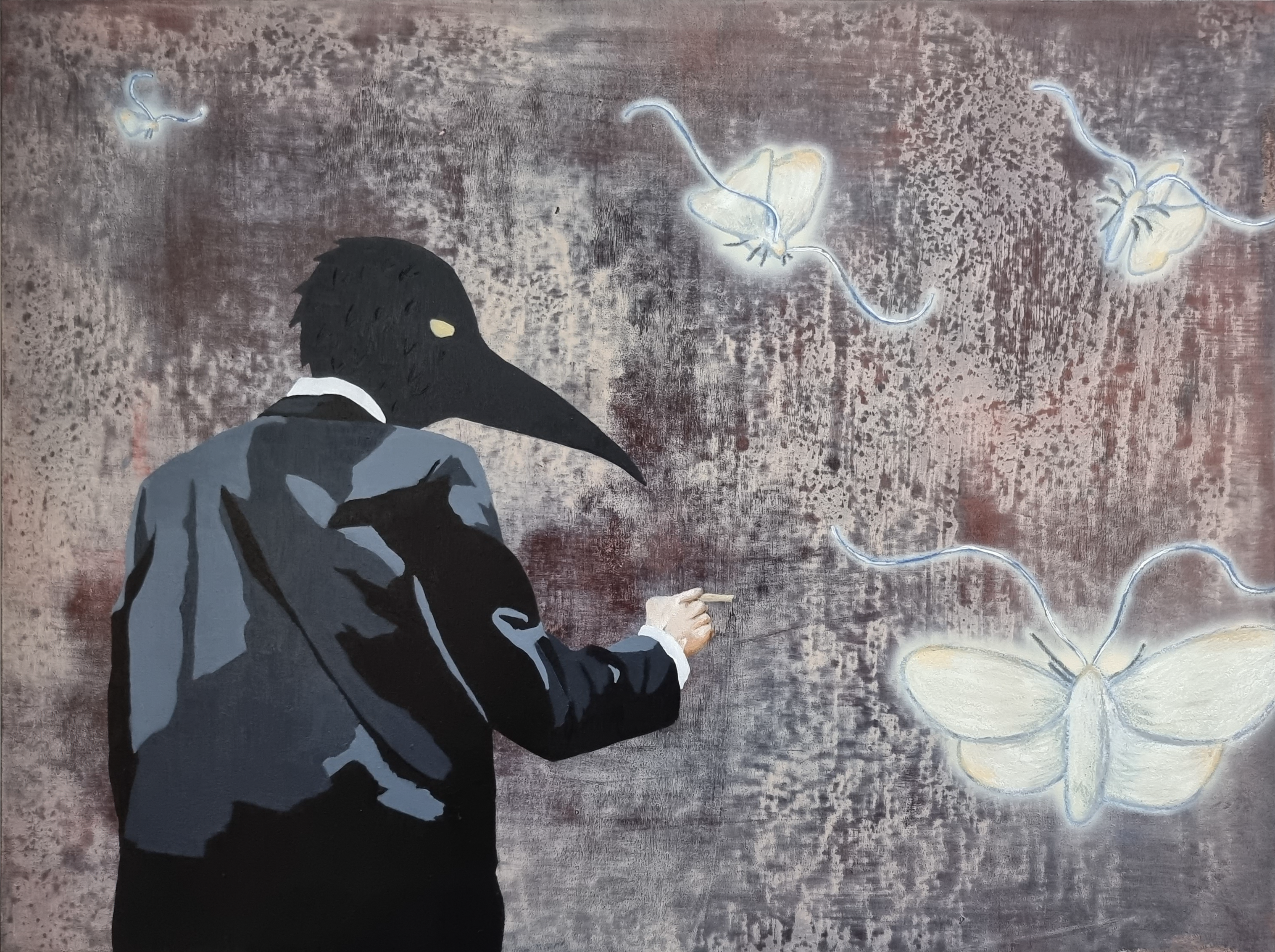 An eclipse of moths, the darkening of a heavenly body // Acrylic & Oil on Board // 30x23cm // 2021