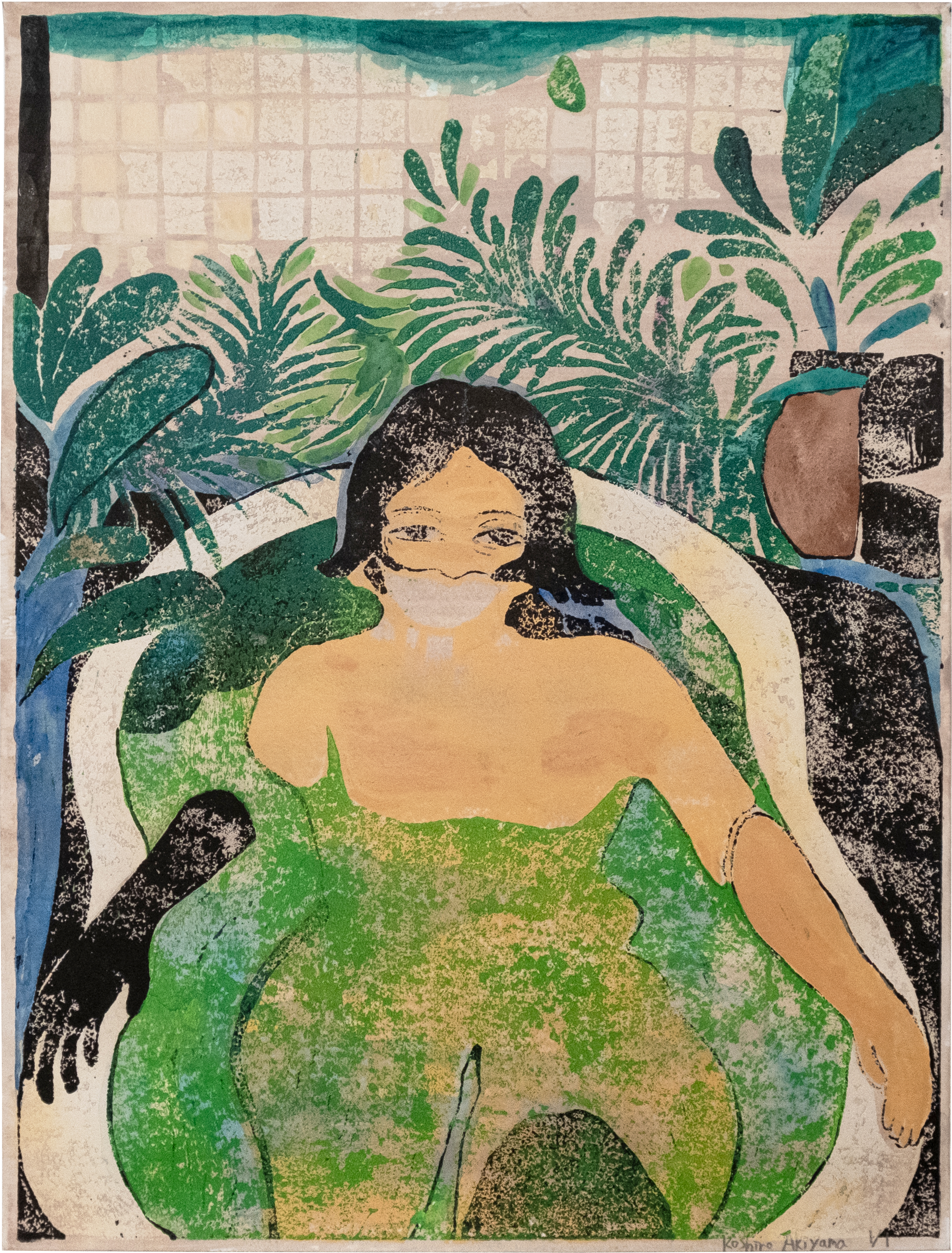 Koshiro Akiyama Bathroom 1 (Light Green), 2021Hand-Coloured Linocut41 x 31.5 cm