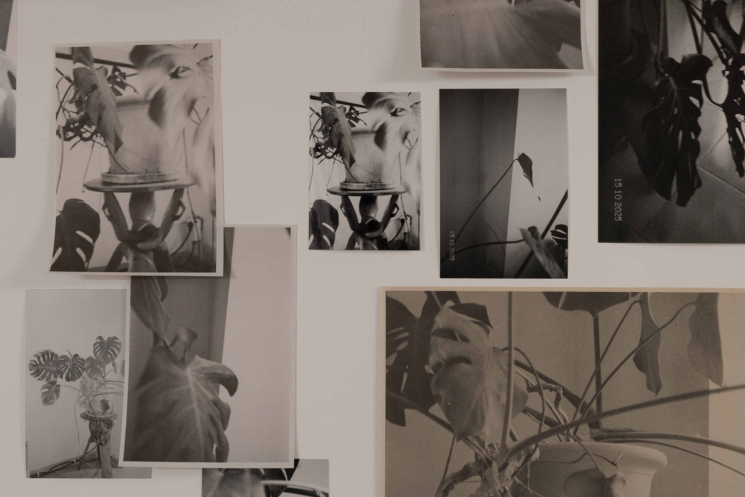 A Room for 1993&ndash;, 2026 (Close-up). Analog photographs taken between 2021&ndash;2025, printed in various sizes as chromogenic prints on Fujifilm Crystal Archive paper and inkjet prints on 49 gsm newspaper, tape, hanging LED tubes, wooden structure, acrylic paint, cardboard. 550 &times; 240 &times; 145 cm