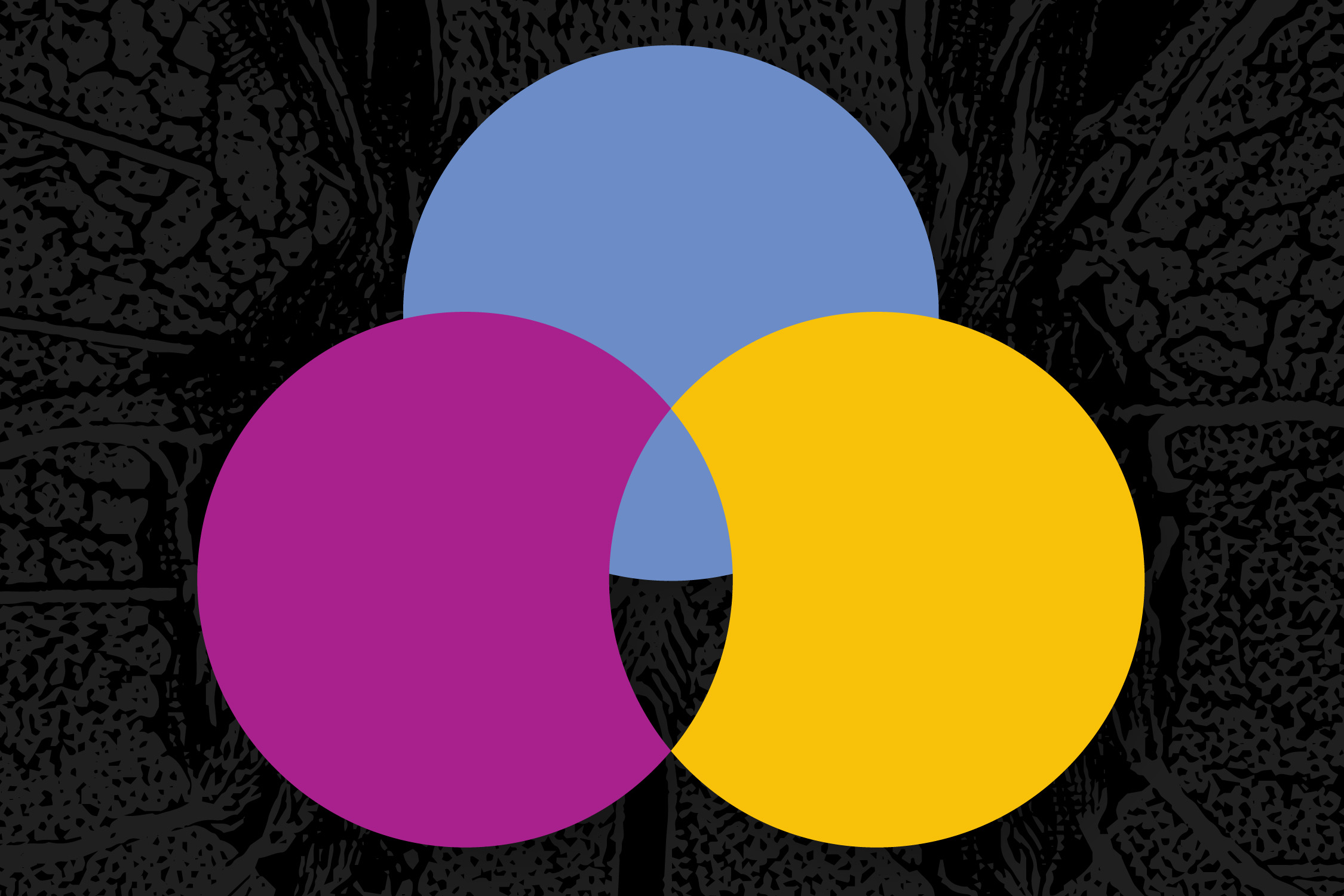 Three circles in pink, yellow and light purple circle overlap on an abstract dark background