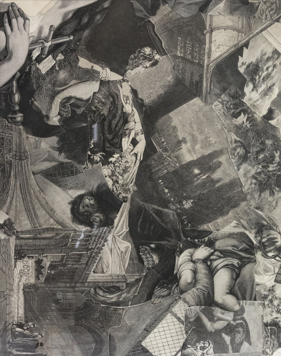 Monkey Monday, 1997, Vintage engraved paper collage on museum board, 16.5 x 13 in.