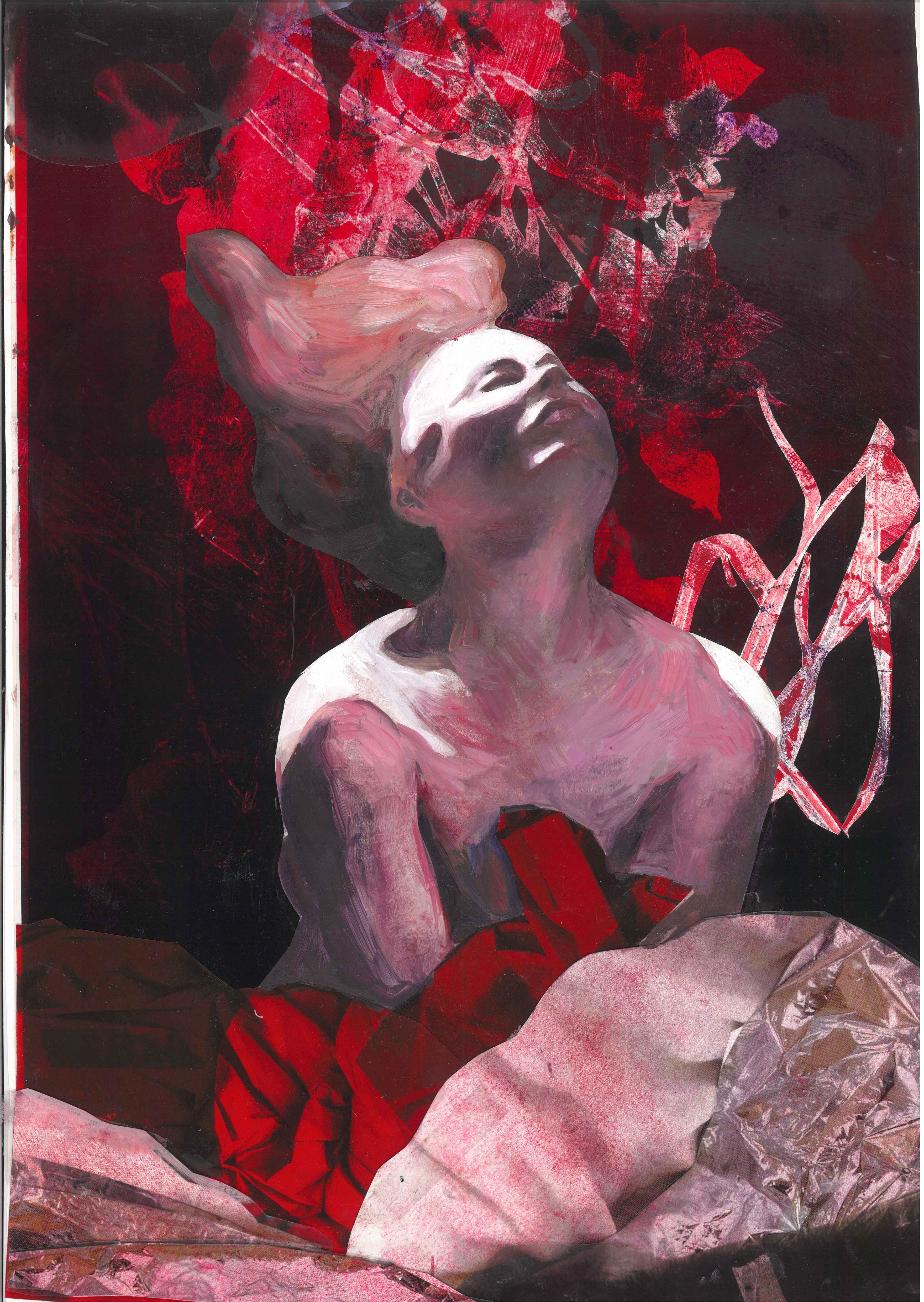 Ophelia #8 (Work in progress)Oil paint on paper, collage with photo material and etching, 28 x 44cmBook project „There is a willow grows aslant a brook“ Ophelia‘s Death after Shakespeare2022-2023