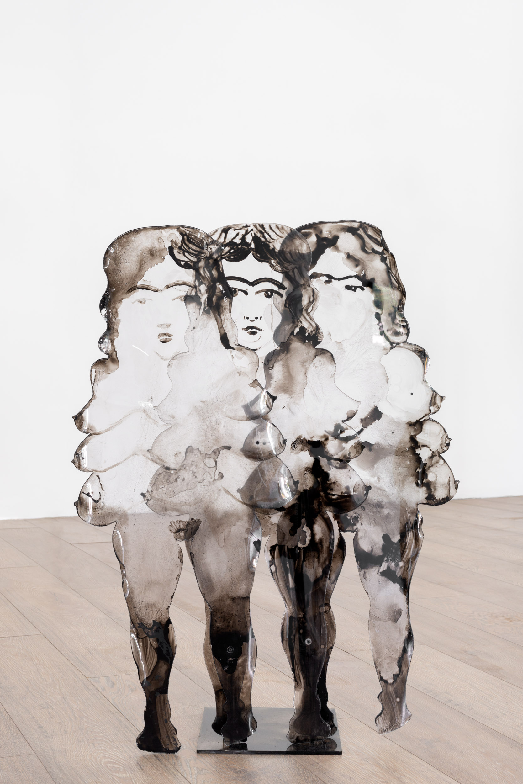 Mahsa Farzi, Untamed (three girls), 2025, 36” x 24” x 10” / 91cm x 61cm x 25.5cm. Oil paint on plexiglass.