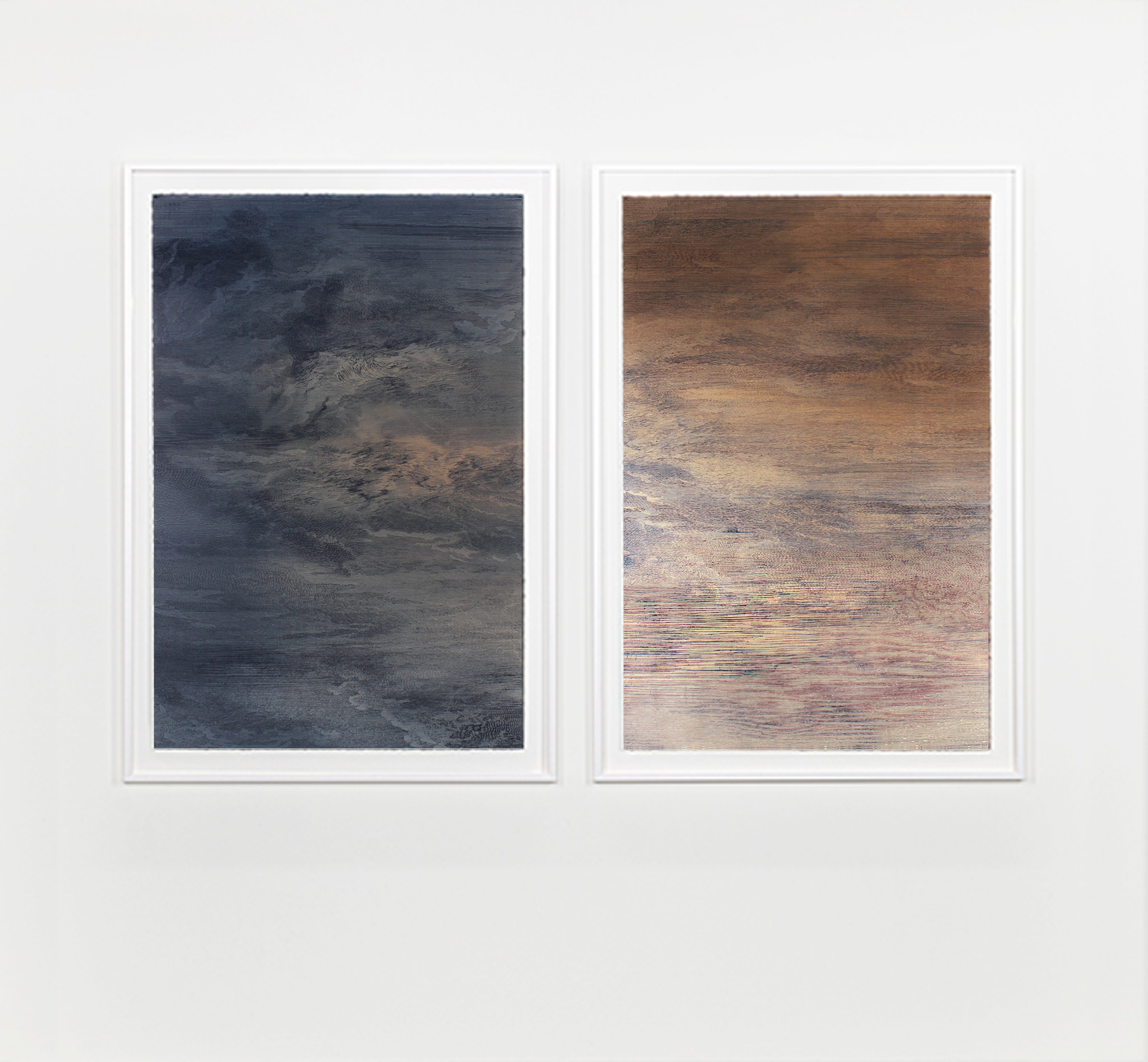 Shifts (Diptychon), 2020, zwei Lithographien, 3-farbiger Handruck von CtP, auf BFK Rives 270 g, je 90.0 x 60.0 cm, Auflage: 6, Drucker Joe Holzner / Planparallel (Collection: Staatliche Grafische Sammlung München, DE)