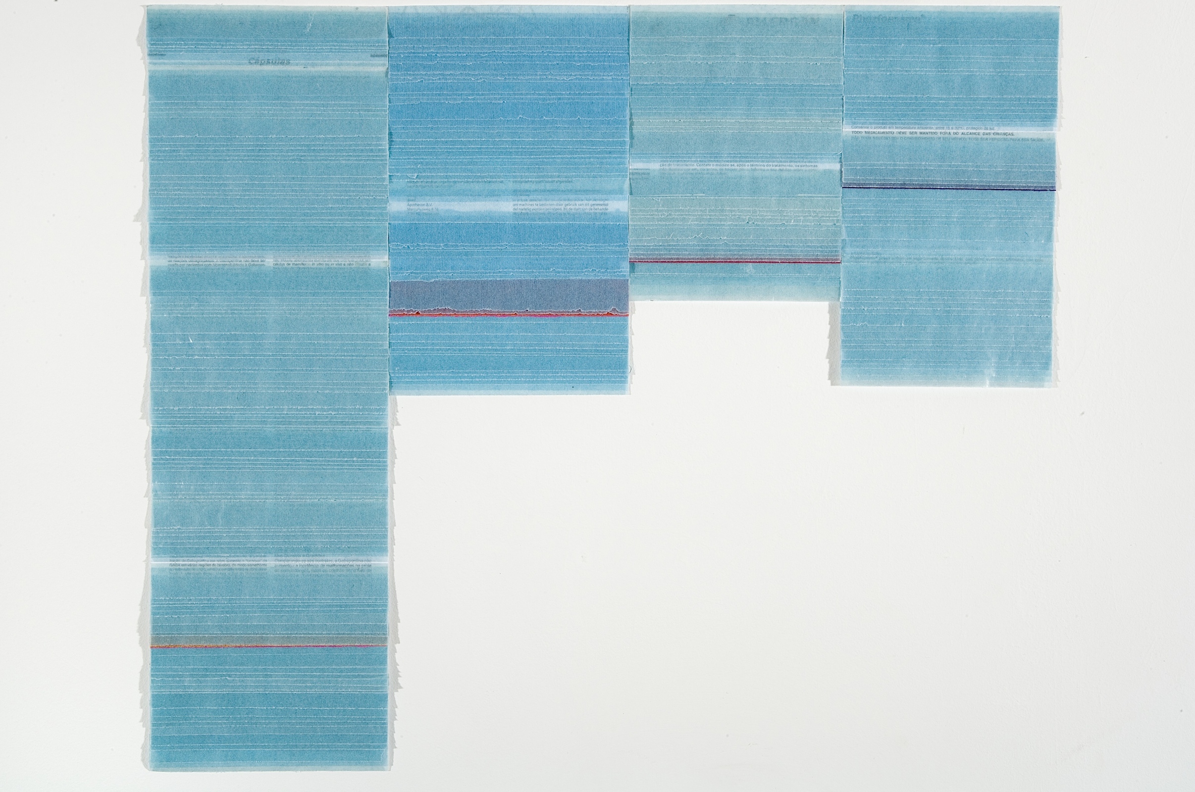  Blue Litany, 2013 . Medicine information leaflets, fragments of cloth, double tape and transparent blue paper . 60 x 65 cm