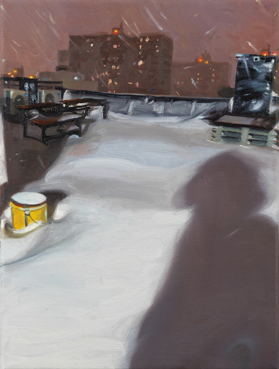 December 17, 2020 (Rooftop Blizzard, Pink Sky),  oil on canvas, 12x9", 2021
