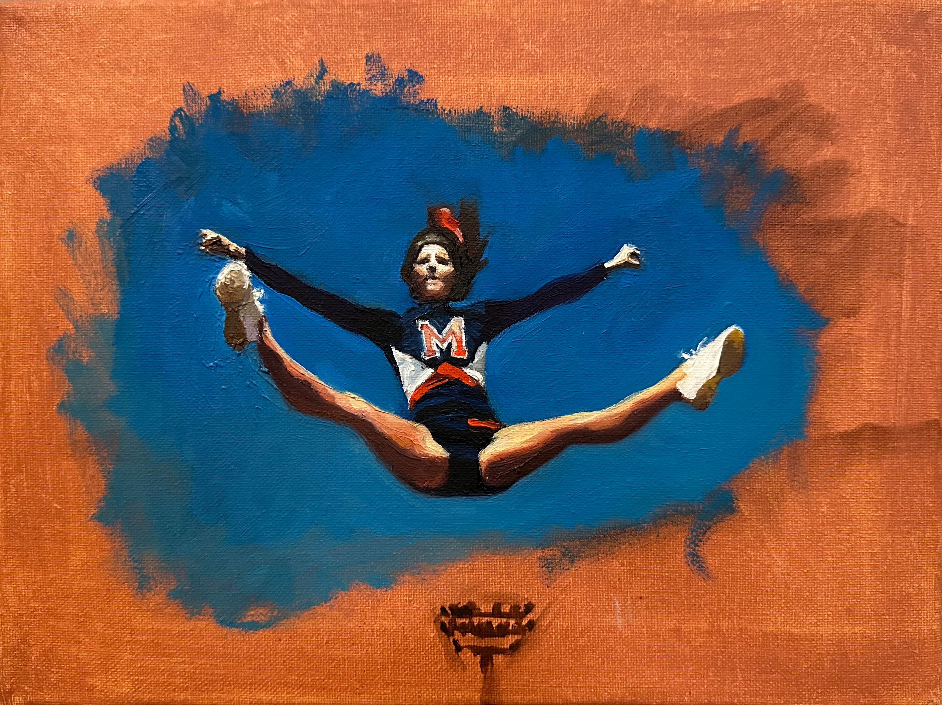 Cheerleaders 3 (Toe Touch), oil and acrylic on canvas, 9 x 12", 2022