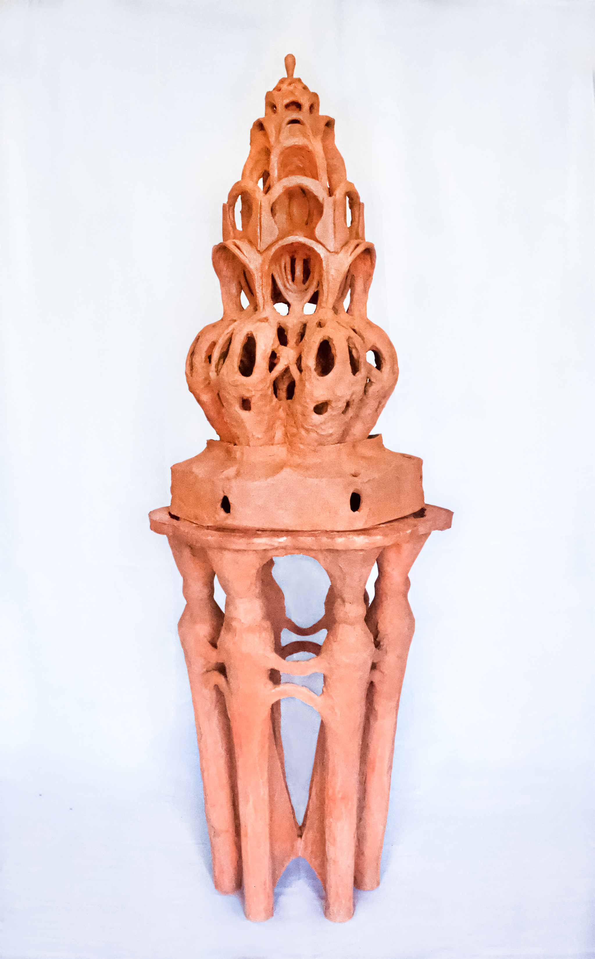 Forest Vessel + Table (3 parts), bisqued earthenware clay, 55 x 18 x 18 in., 2018