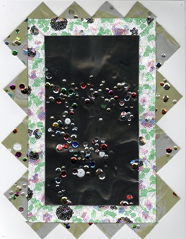 cascade bear, 2022, latex paint, sequins on paper 11” x 14”