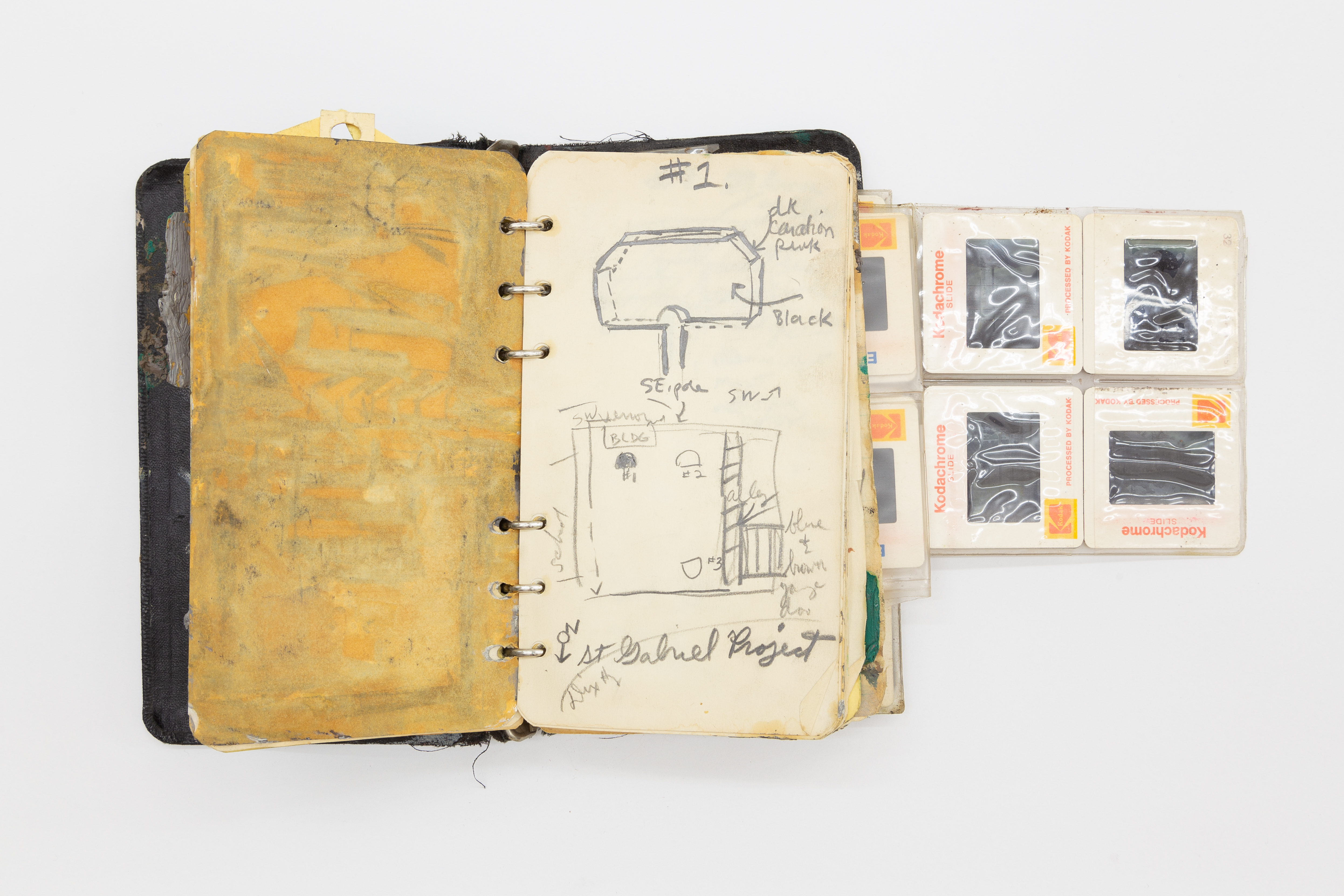 Cay Bahnmiller, Untitled (Transportation=Transformation=Translation + Land According to Use series), 1982, graphite, oil on pocket notebook, Kodak Ektachrom slides, Xeroxed Wittgenstein text, 7.5 x 5 x 1.625 inches closed