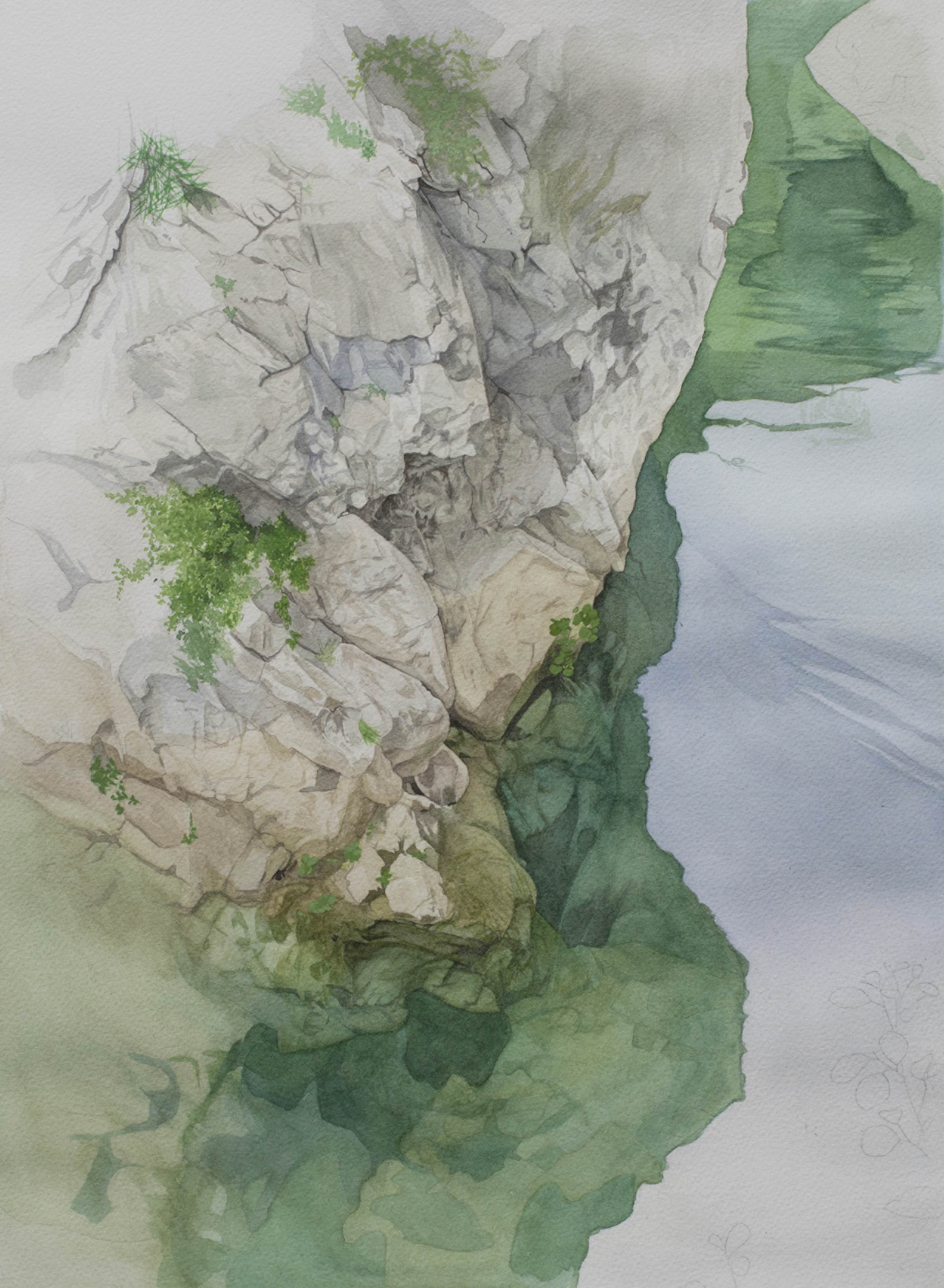 L'Agly dans les gorges de Galamus (graphite et aquarelle sur papier, 51x38cm, début 2024)