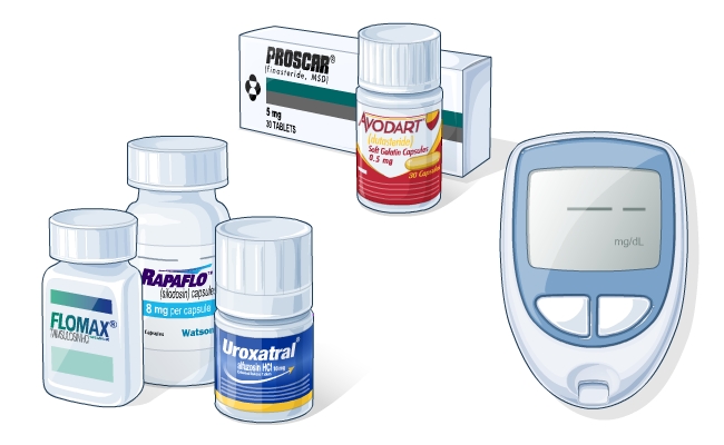Pill bottles, blood glucose monitor