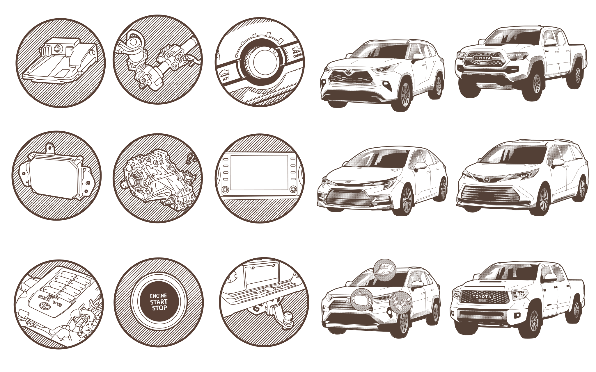 Line drawings for 9 various vehicle internals highlighted in the campaign, along with all 6 vehicle models.