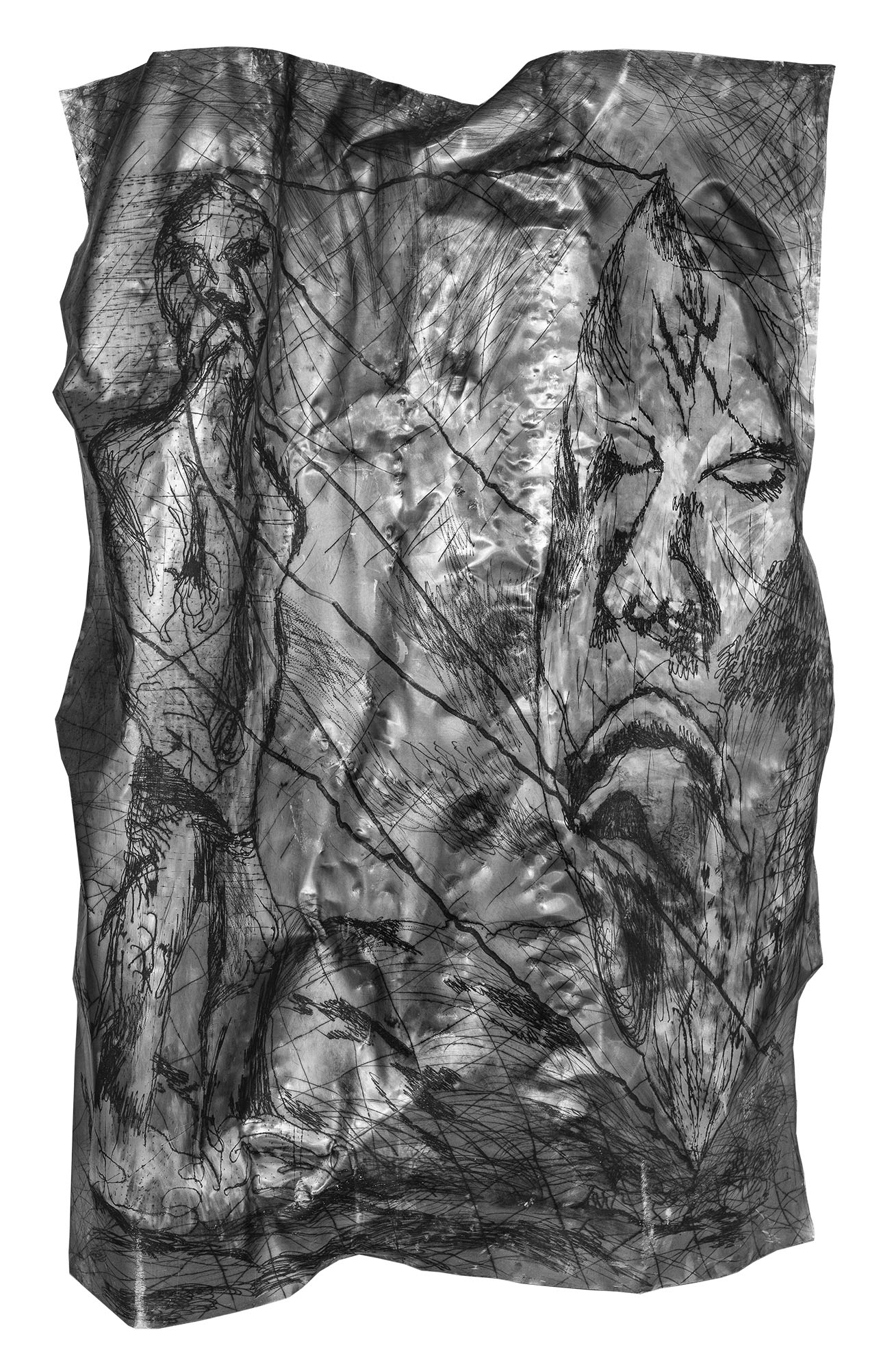 Figura con raggi e grande voltoaluminium and intaglio ink, 198x134x35cm, 2025 · info