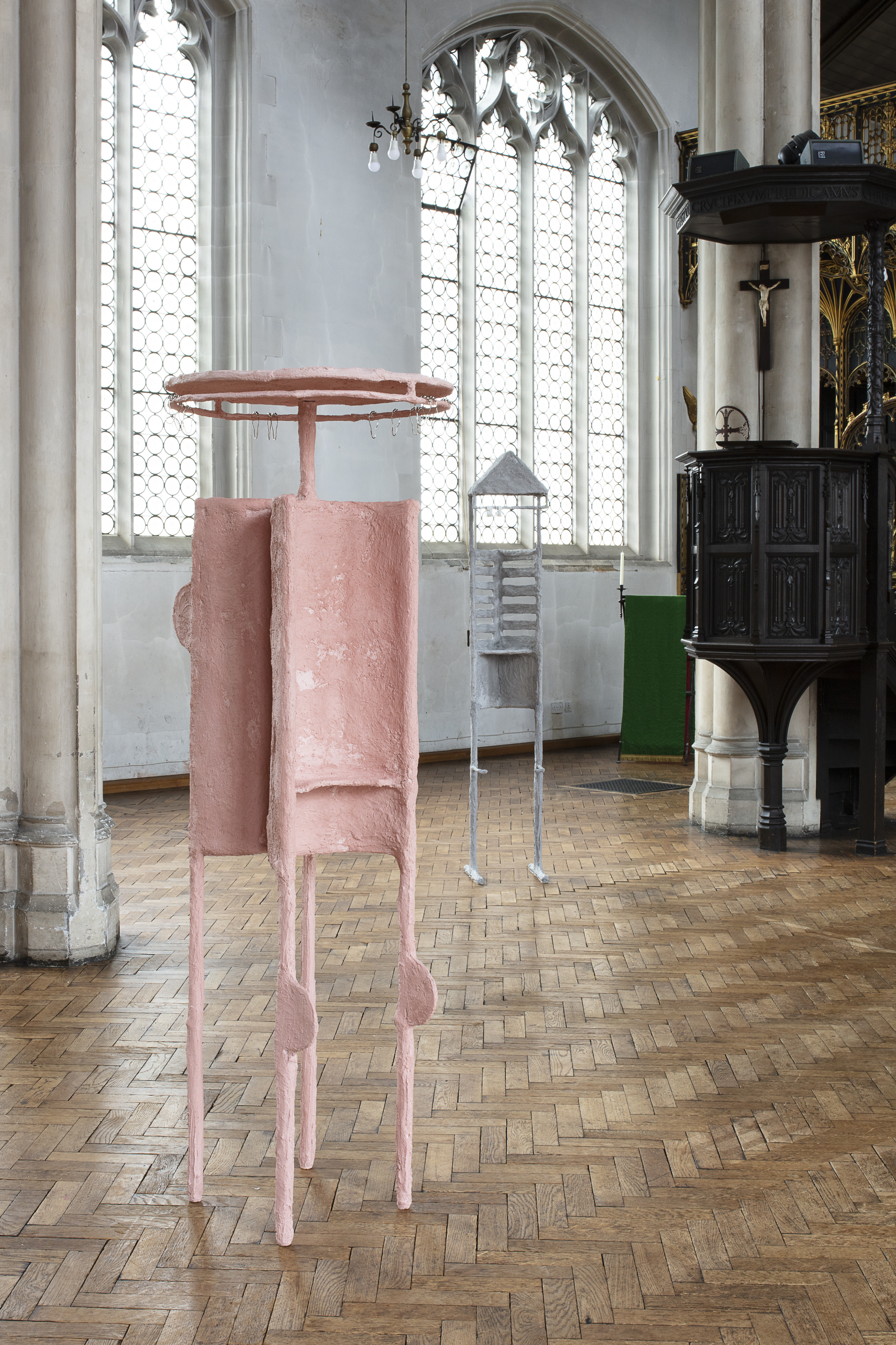 The Crowd (Part 1 -  St Cyprian's Church), 2020, steel, plaster, burlap, sand, pigment, glass, shower curtain hooks