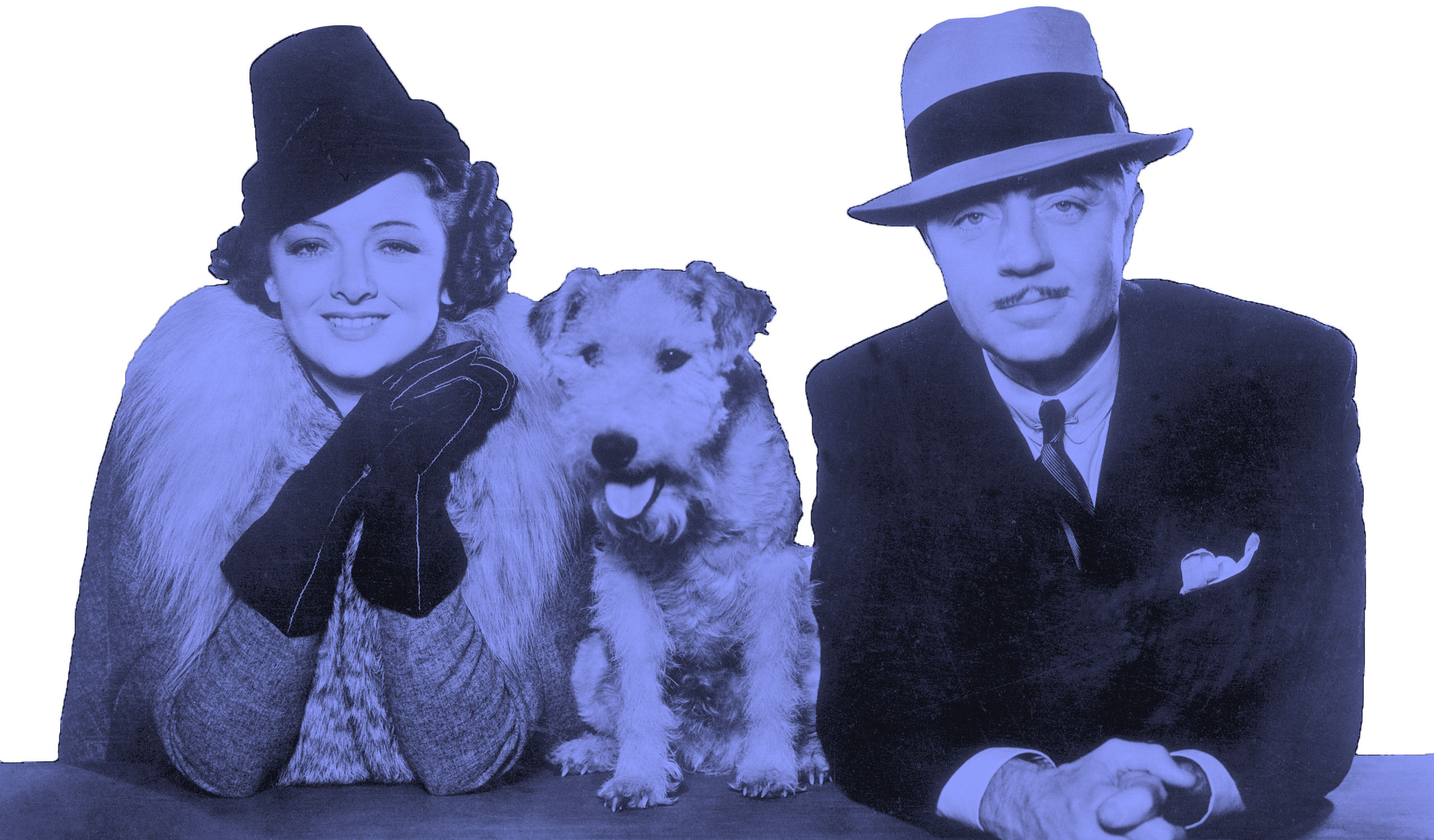 Photo of Nick, Nora, and the dog Asta from the film series "The Thin Man." Photo has a purple overlay.