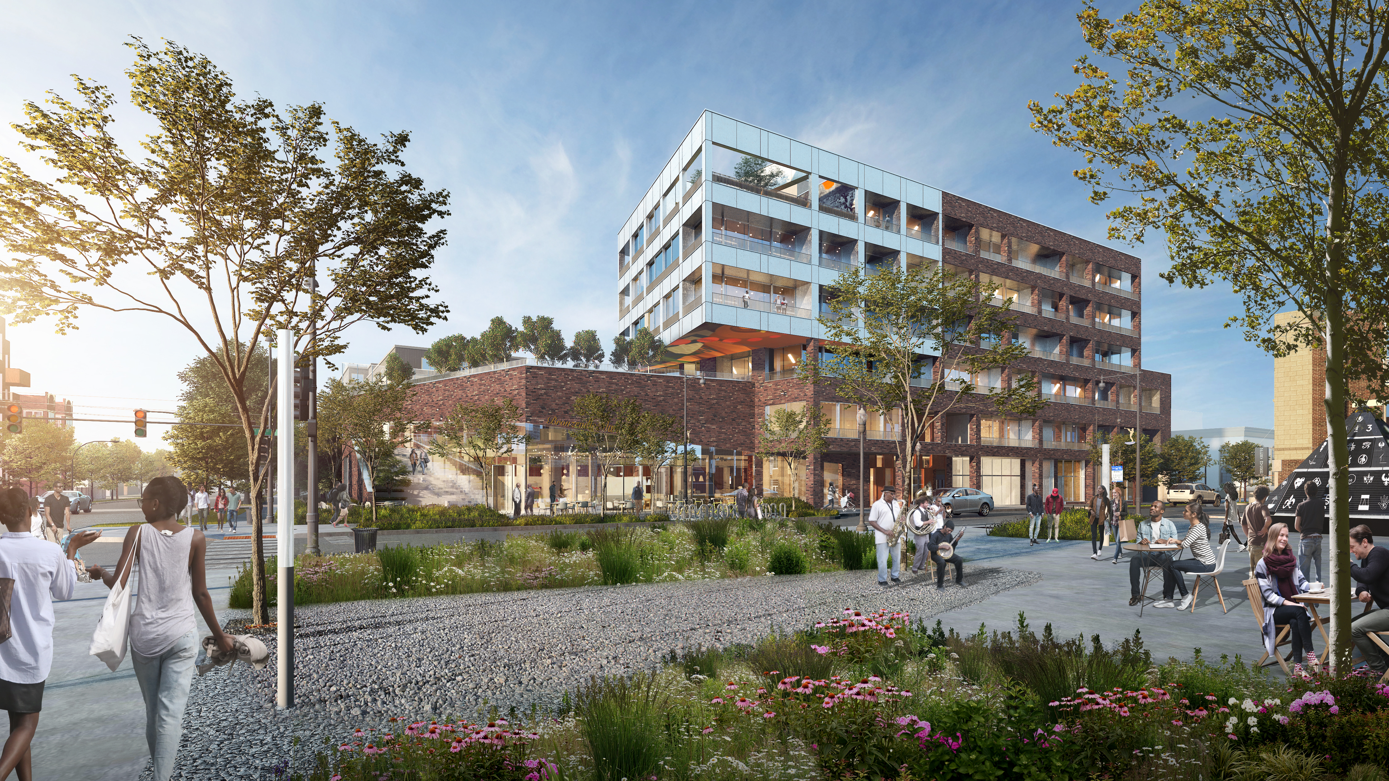 The plaza expands across the street to the Great Migration Plaza as part of the activation between city-owned lotsRendering © Hard Rock Digital Technology Co. LTD