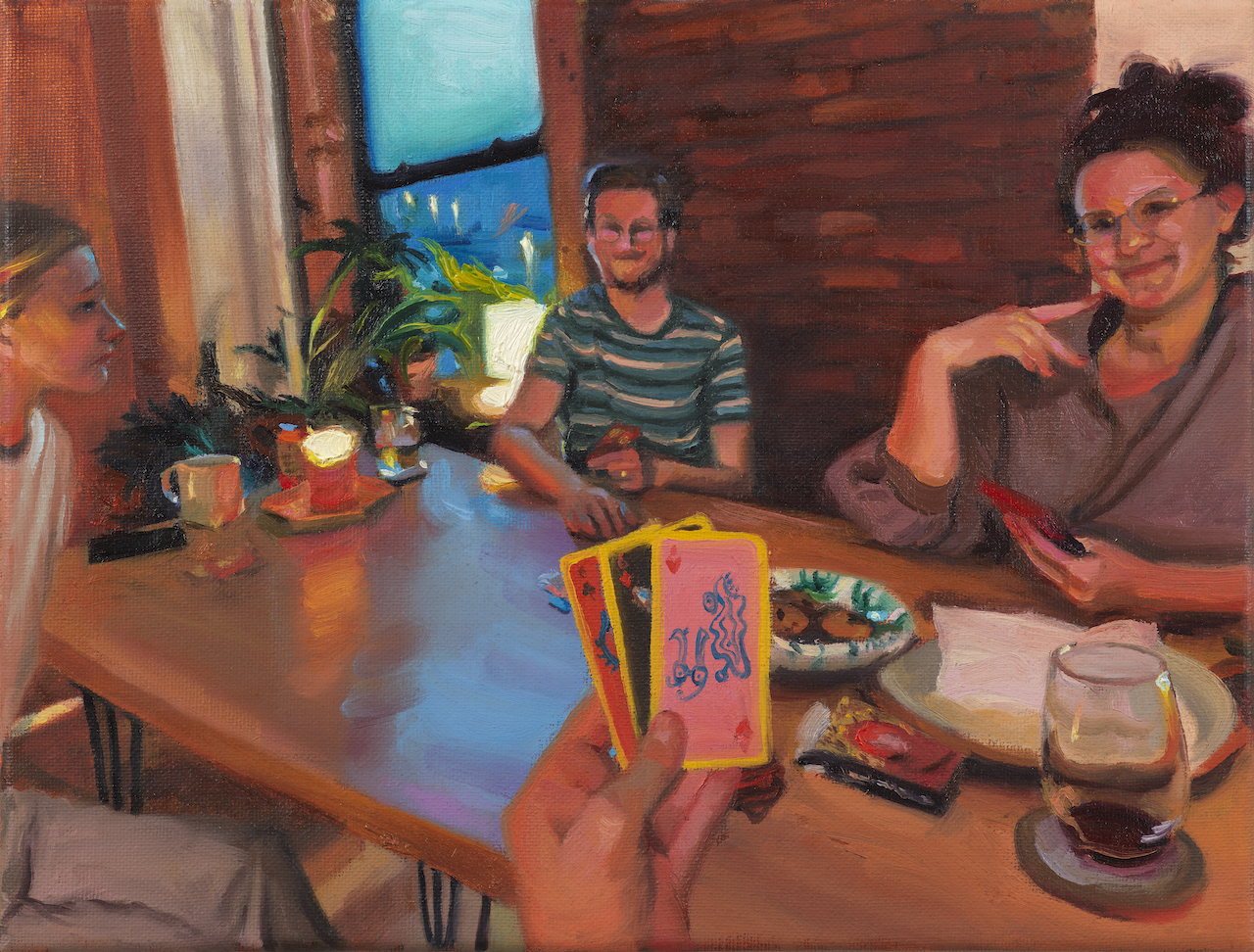 April 26, 2020 (Card Game at Twilight),  oil on canvas, 9x12", 2021