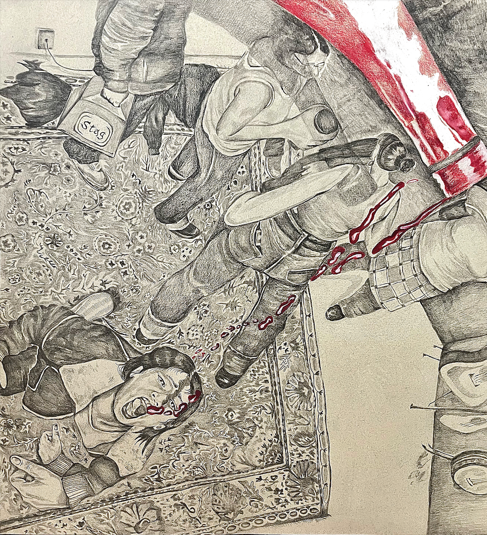 on my hands and knees 20x20, graphite and pastel on paper 