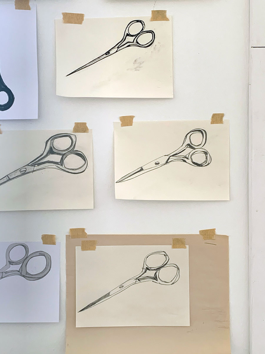 11/26 — SCISSORS.During her residency at the MQ21 in Vienna, Austria, as part of her Fulbright Independent Scholar appointment, Quinn began working on a companion drawing project to The Haircut while conducting new research on women's representation in media.  Charcoal, drawing pens and markers, oil pastel, paint, and pencil, the group of seventy-some drawings ranges in size from A5 to A2 on various papers; 2021-ongoing.