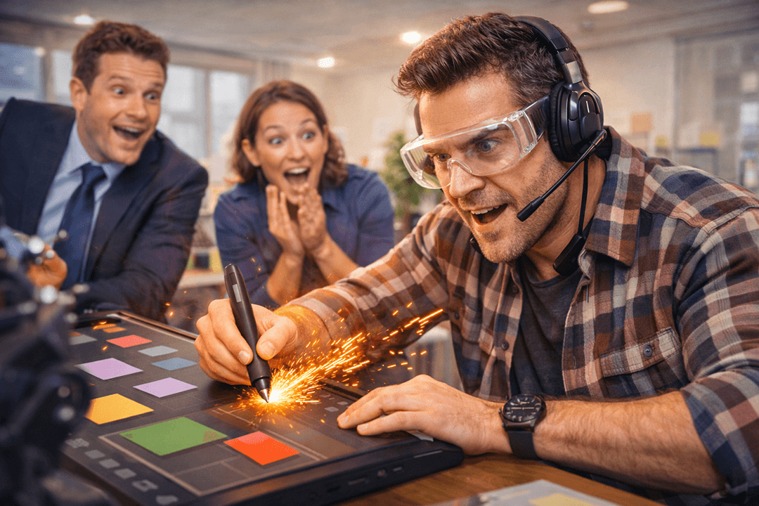 Cheesy stock photo of a graphic designer wearing safety goggles and a headset, intensely dragging shapes around on an oversized tablet, while sparks (obviously fake) fly from the stylus tip. Colleagues watch in awe. Overlit, staged office, hyper-saturated, slightly uncanny AI, wide banner, no text, no logos.