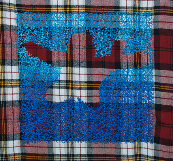Nevermind (red). Embroidery on flannel. 14" x 14". 2013. Photo: Tim Thayer.