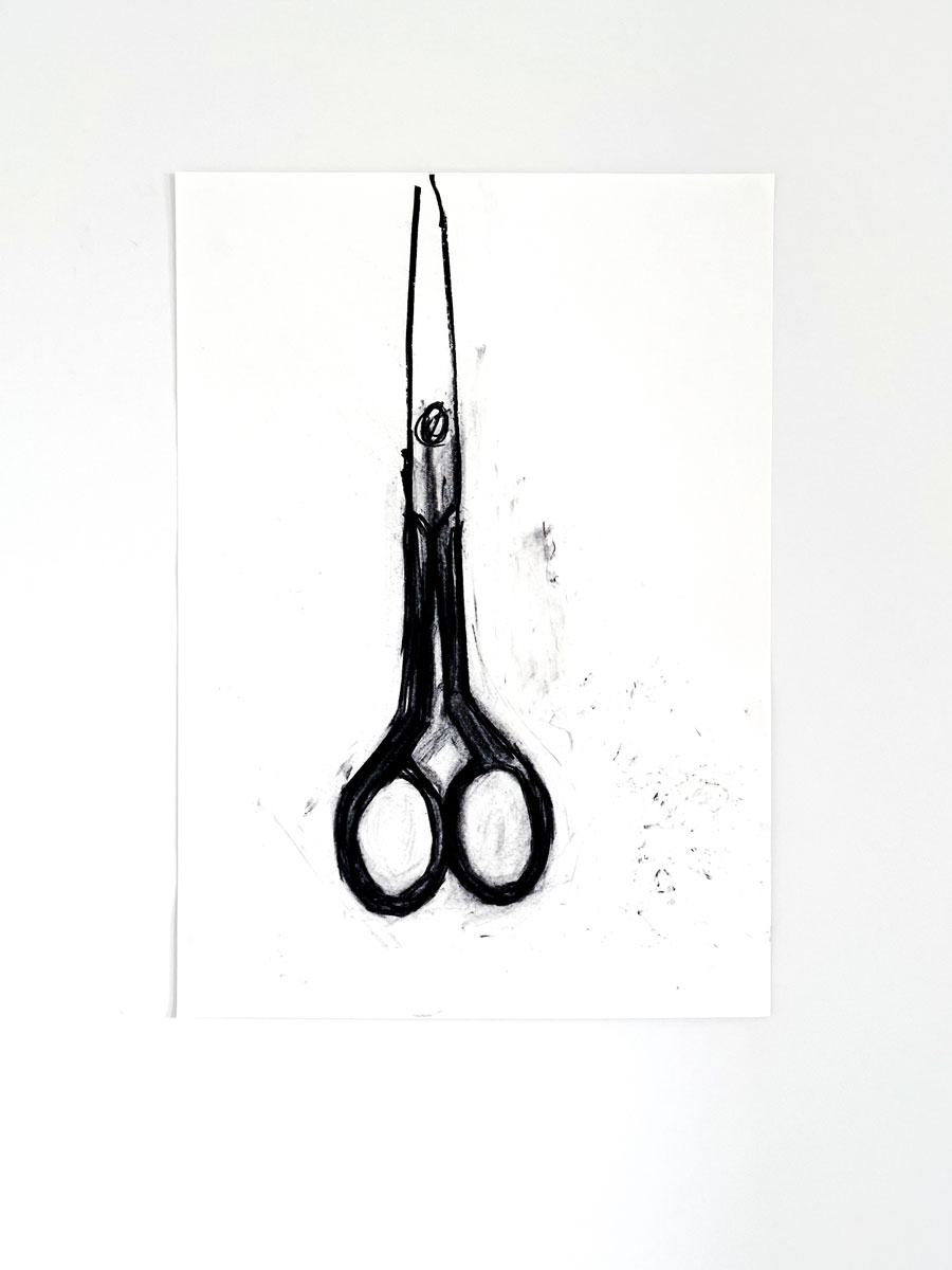 22/26 — SCISSORS.During her residency at the MQ21 in Vienna, Austria, as part of her Fulbright Independent Scholar appointment, Quinn began working on a companion drawing project to The Haircut while conducting new research on women's representation in media.  Charcoal, drawing pens and markers, oil pastel, paint, and pencil, the group of seventy-some drawings ranges in size from A5 to A2 on various papers; 2021-ongoing.