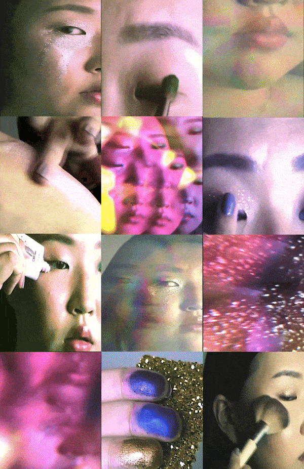 Dreamy and mysterious animated collage GIF featuring a woman applying makeup in surreal layers of bright pinks and greens. A striking contrast of light and dark, blurring reality and illusion.