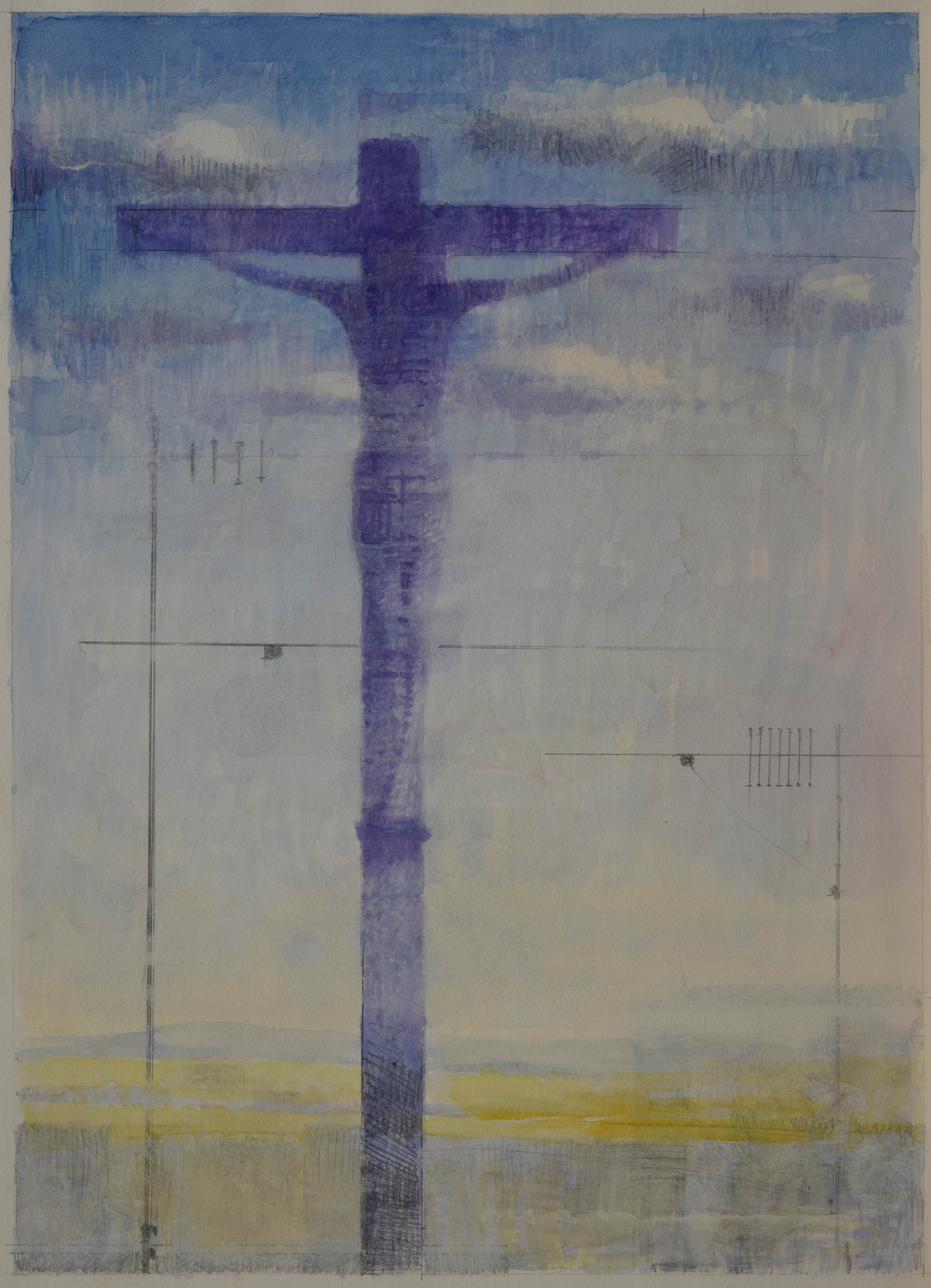 Crocefissione nel paesaggio, 2010, acquarello su carta a mano, cm 50x35