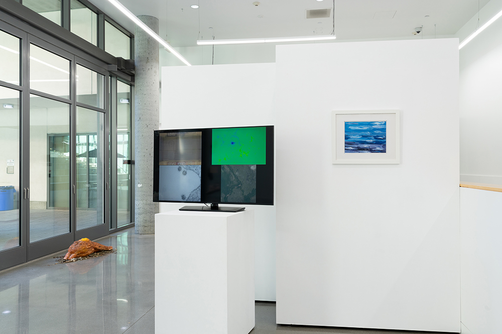 A sculptural installation on the floor with stones and dirt around it, a TV on a pedestal with a video on display, and a painting or drawing in a frame hanging on the wall inside a gallery space.